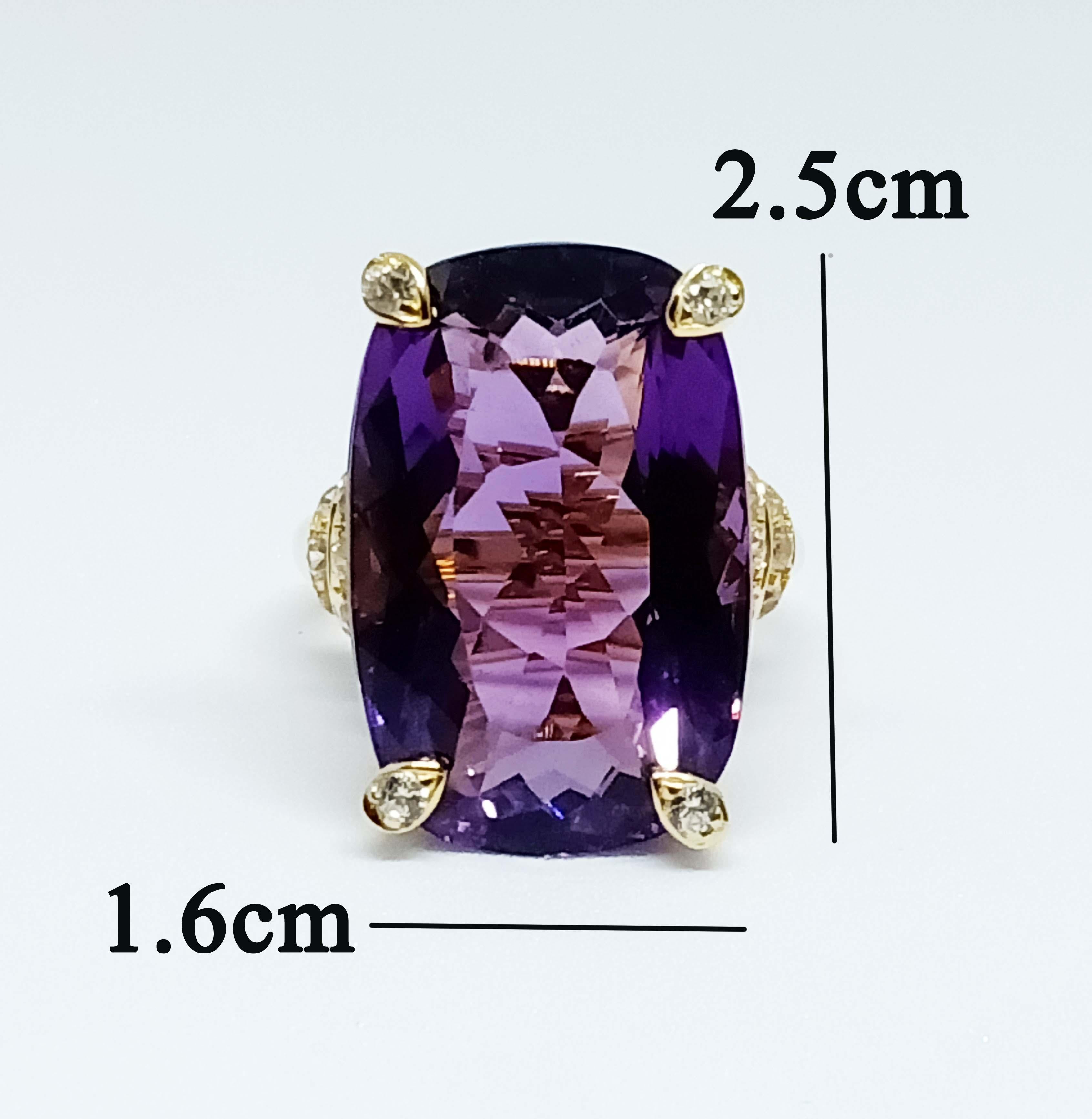 Amethyst Cushion 25 x 16 mm. (25.82 cts.)
White Zircon 2.0 mm. 20 pcs.
Sterling Silver on 18K Gold plated  
Size 8 US. 
