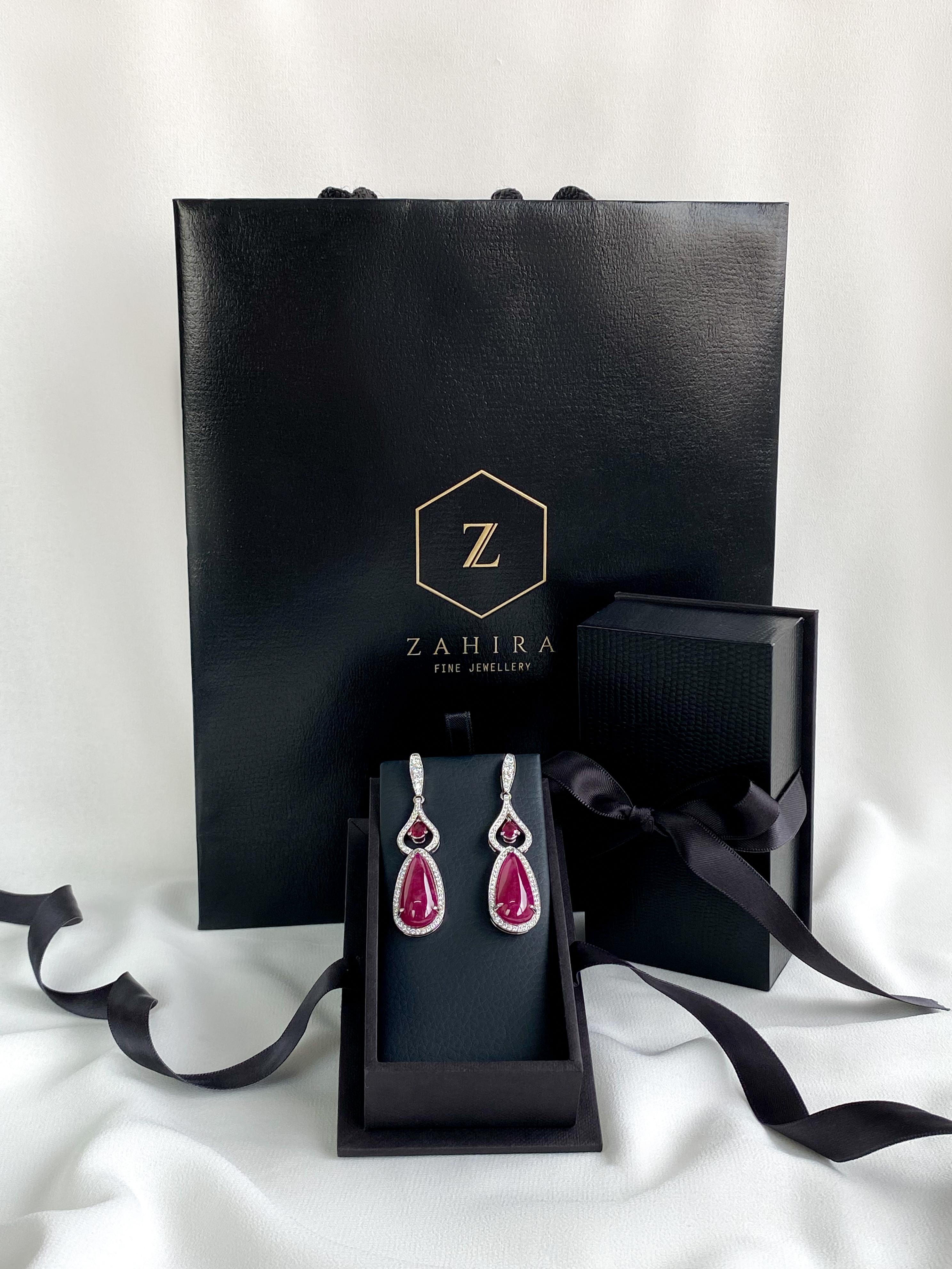 25.86 Carat Ruby Cabochon and Diamond Drop Earrings in 18 Karat White Gold 1