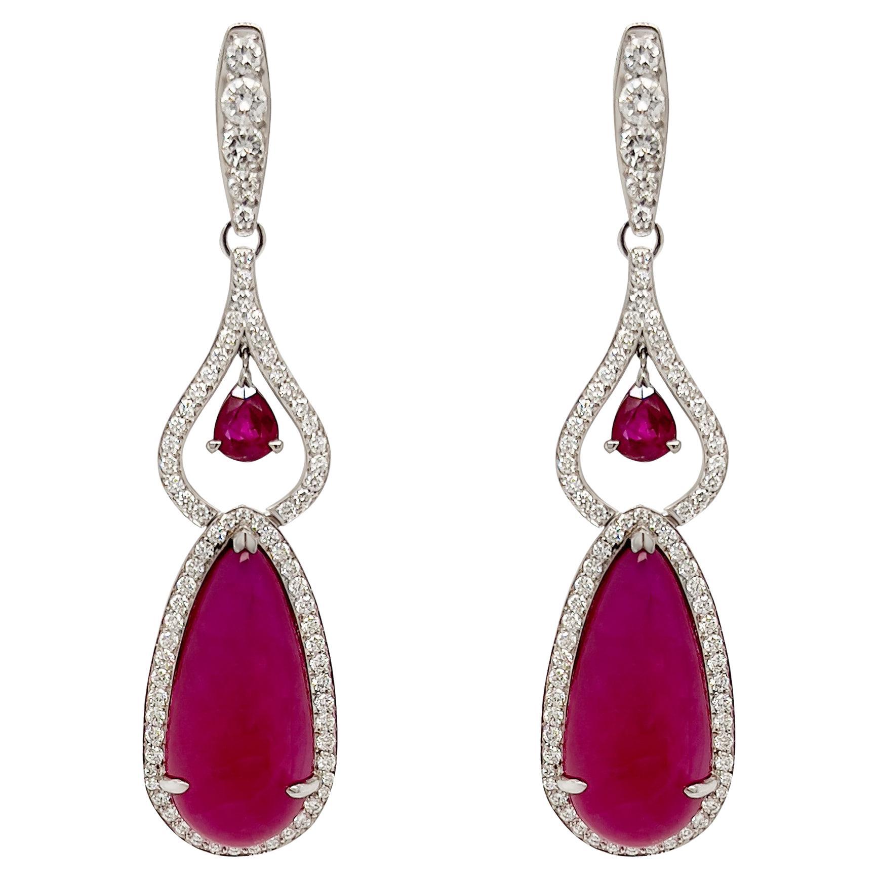 25.86 Carat Ruby Cabochon and Diamond Drop Earrings in 18 Karat White Gold
