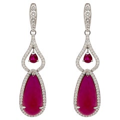 25.86 Carat Ruby Cabochon and Diamond Drop Earrings in 18 Karat White Gold