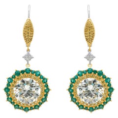 25.87 Carat Total Round Diamonds & Emerald Open-Work Dangle Drop Earrings