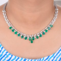 18K White Gold 5ct Zambian Pear Emerald & Natural Diamond Tennis Choker Necklace