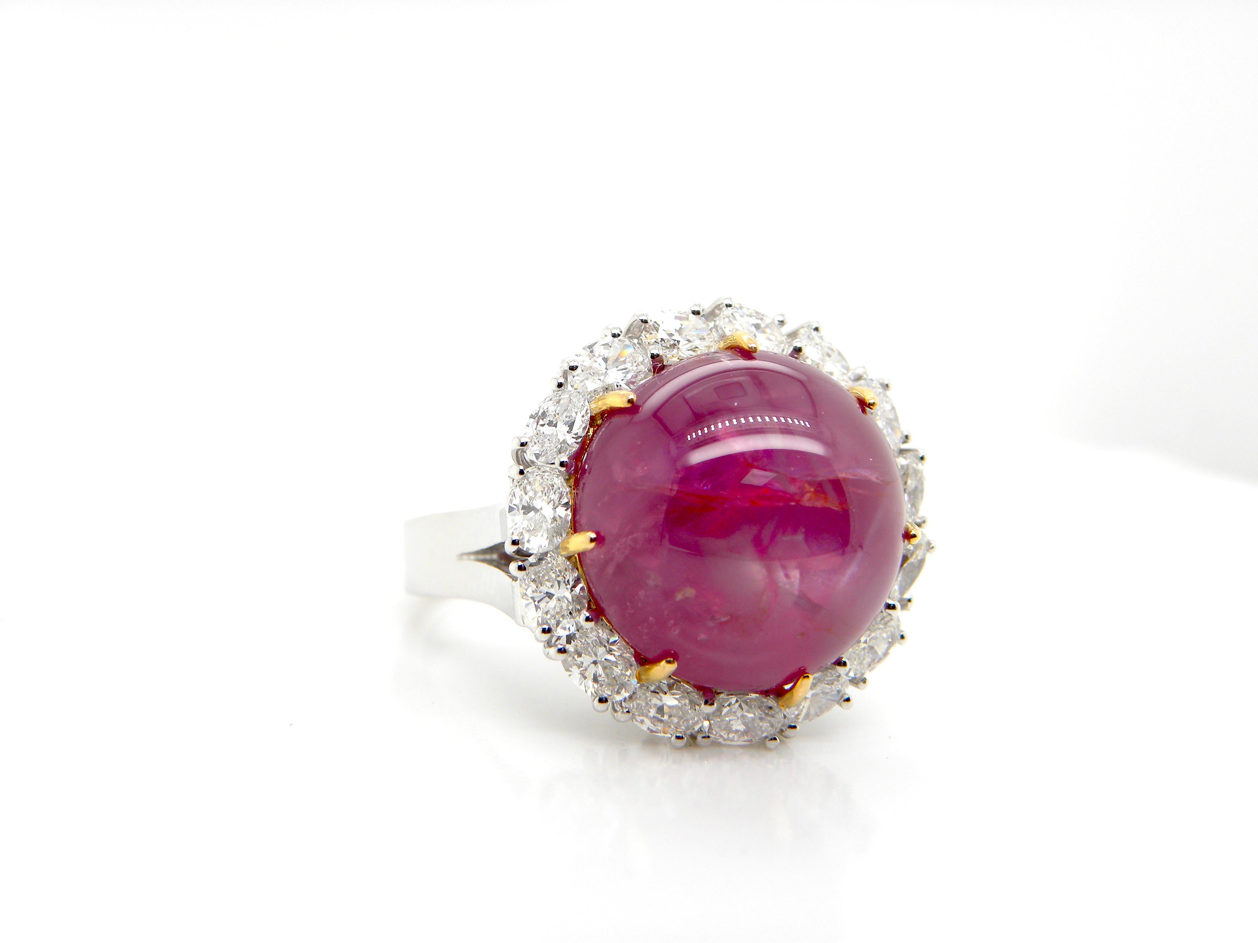 Cabochon 25.89 Carat GRS Certified Unheated Burmese Star Ruby and White Diamond Ring