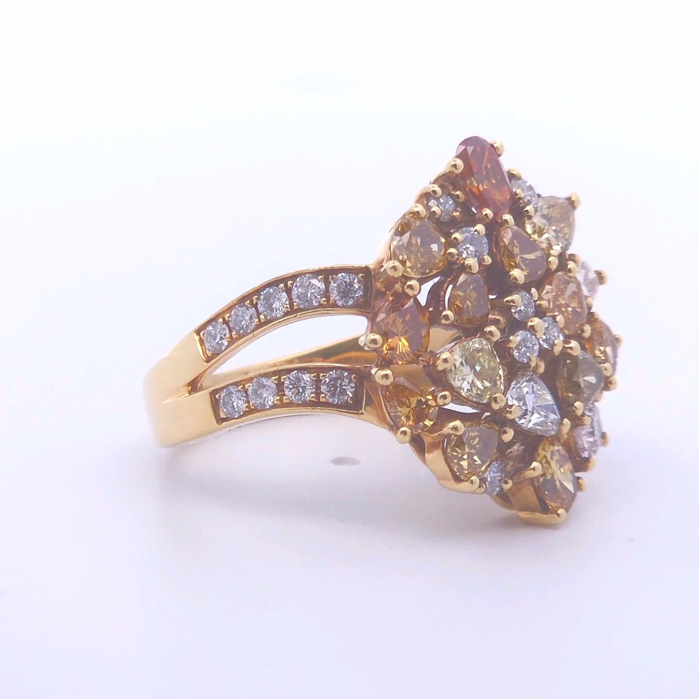 
Introducing our exquisite 2.58ct Fancy Diamond Ring, meticulously crafted in luxurious 18k gold. This stunning piece is adorned with an array of fancy diamonds totaling 2.06 carats, each carefully selected for its unique brilliance and captivating