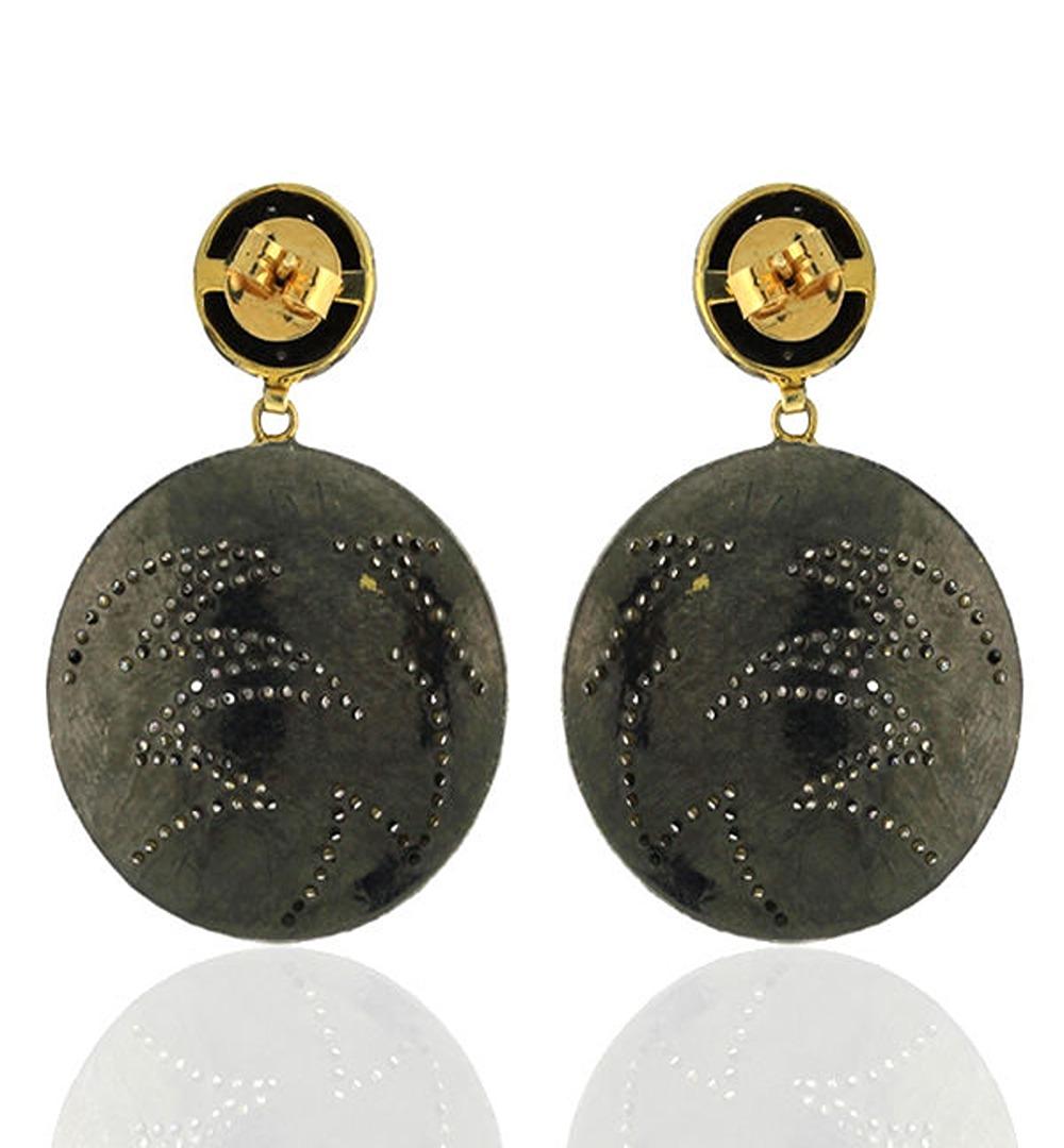 Women's 2.58ct Pave Diamond Disc Dangle Earring With Enamel Made In 14k Gold & Silver For Sale