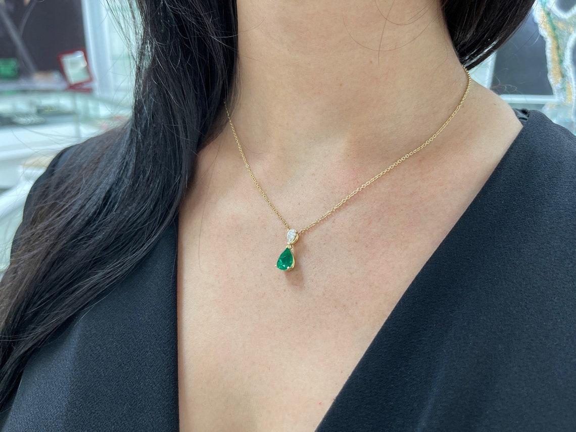 Pear Cut 2.58tcw 18K AAA+ Colombian Emerald Pear & Diamond Necklace  For Sale