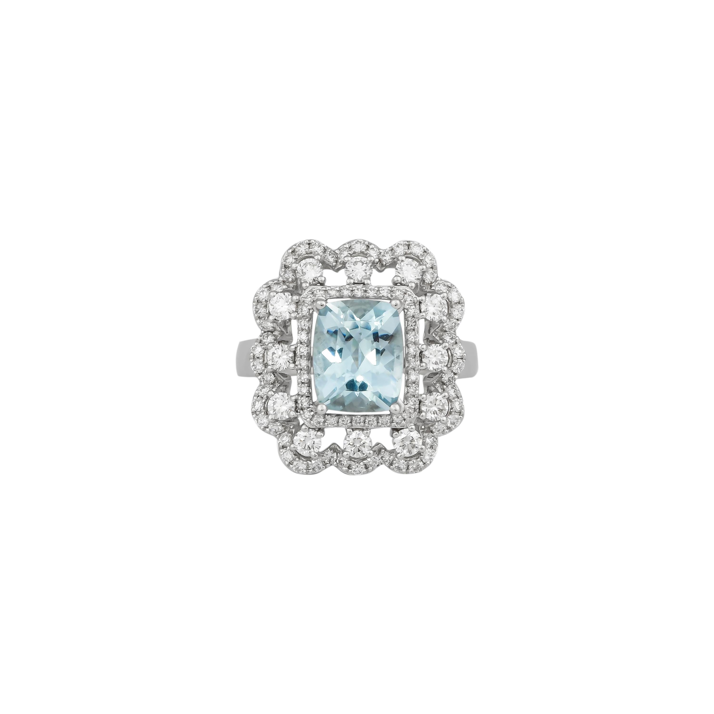 Cushion Cut 2.59 Carat Aquamarine and Diamond Ring in 18 Karat White Gold For Sale