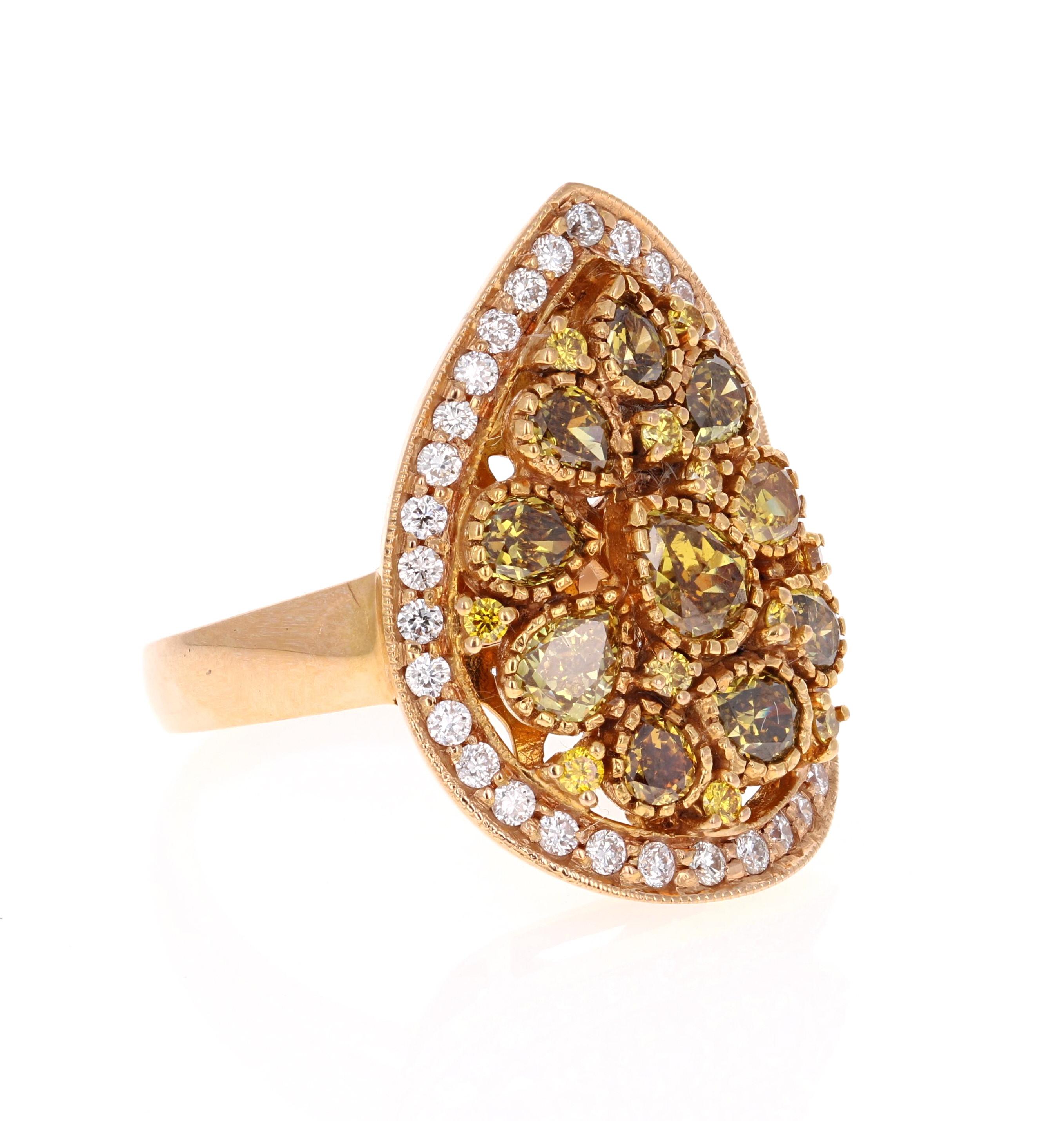 This magnificent beauty has fancy pear cut natural diamonds floating around throughout the ring. It has natural Brown Diamond Pear Cuts that weigh 1.91 Carats and has 11 Yellow Round Cut Diamonds that weigh 0.16 Carats. It is further embellished