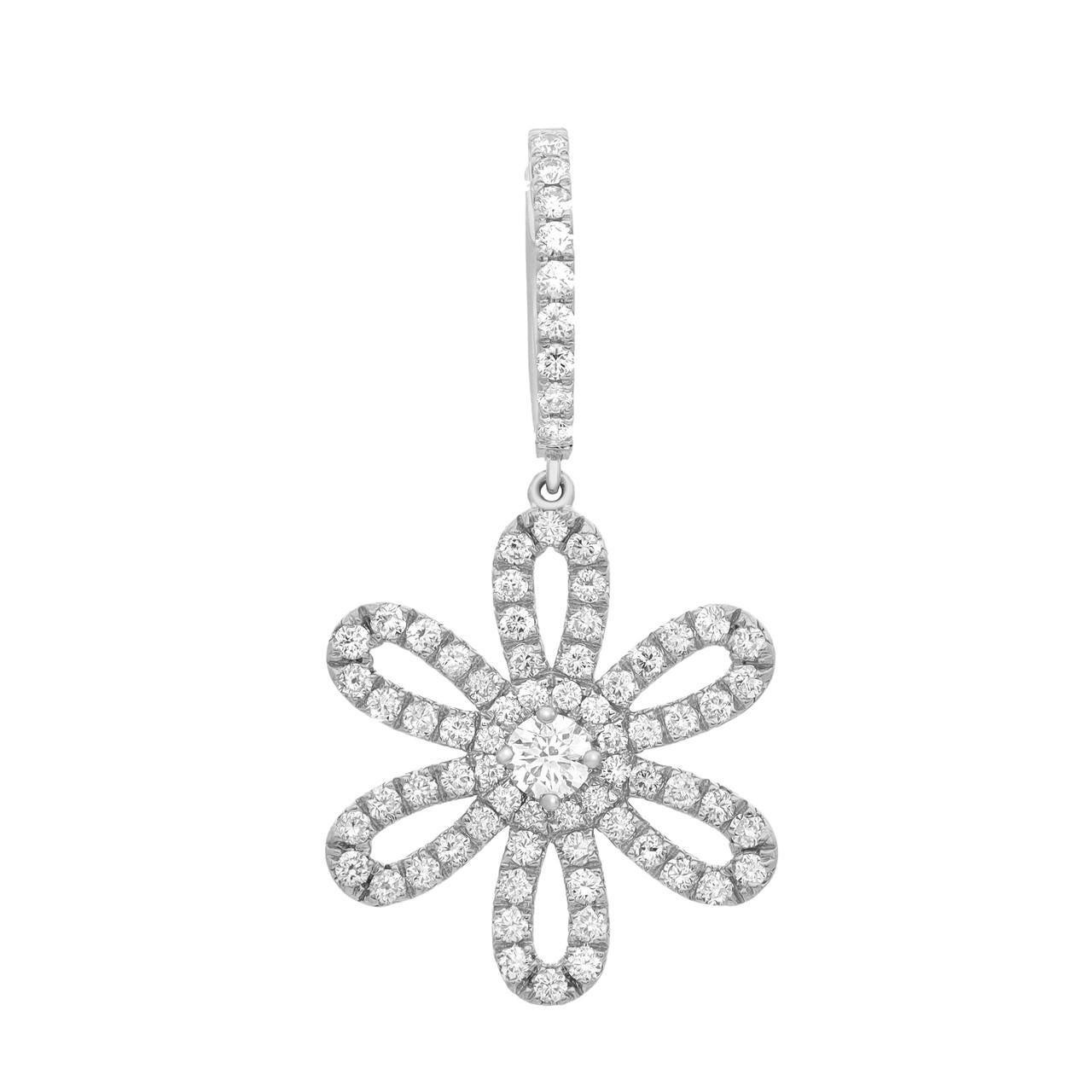 Immerse yourself in the allure of the 2.59 Carat Diamond Flower Drop Earrings in 18K White Gold. These exquisite earrings offer a captivating Daisy Diamond Daze. Crafted in 18K white gold, the floral motif dangle earrings feature a round brilliant