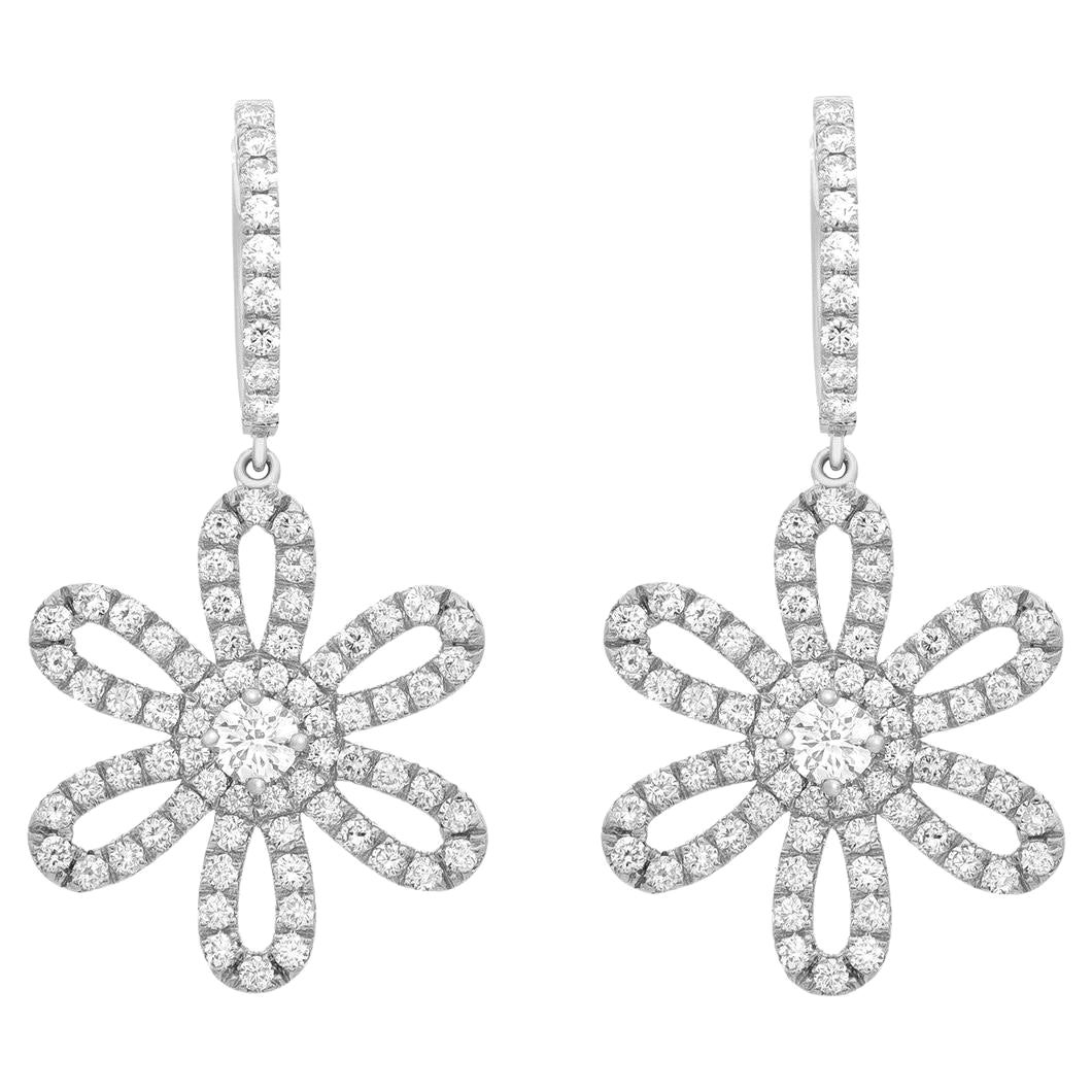 2.59 Carat Diamond Flower Drop Earrings in 18K White Gold For Sale