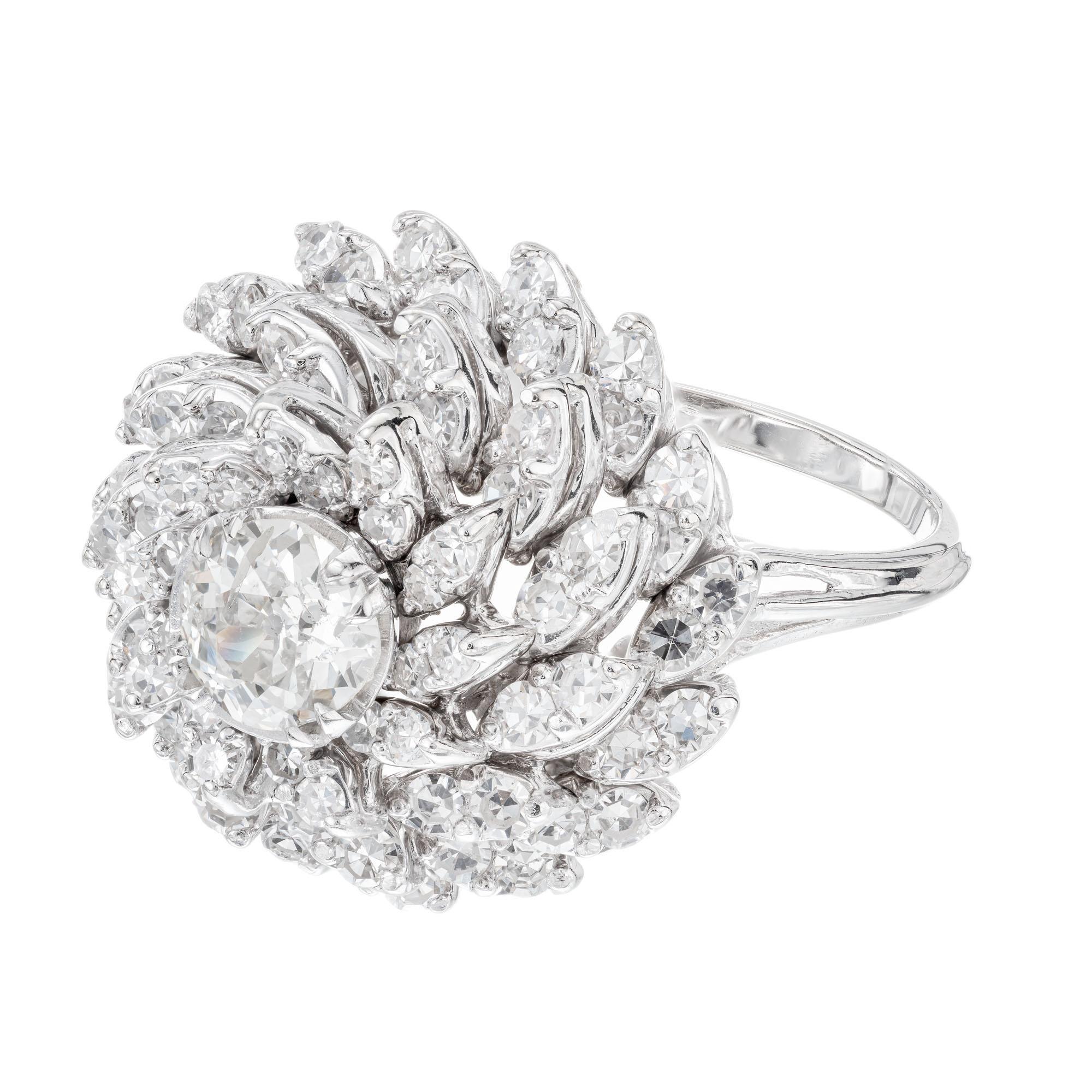 Old European Cut 2.59 Carat Diamond Petal White Gold Cocktail Ring For Sale