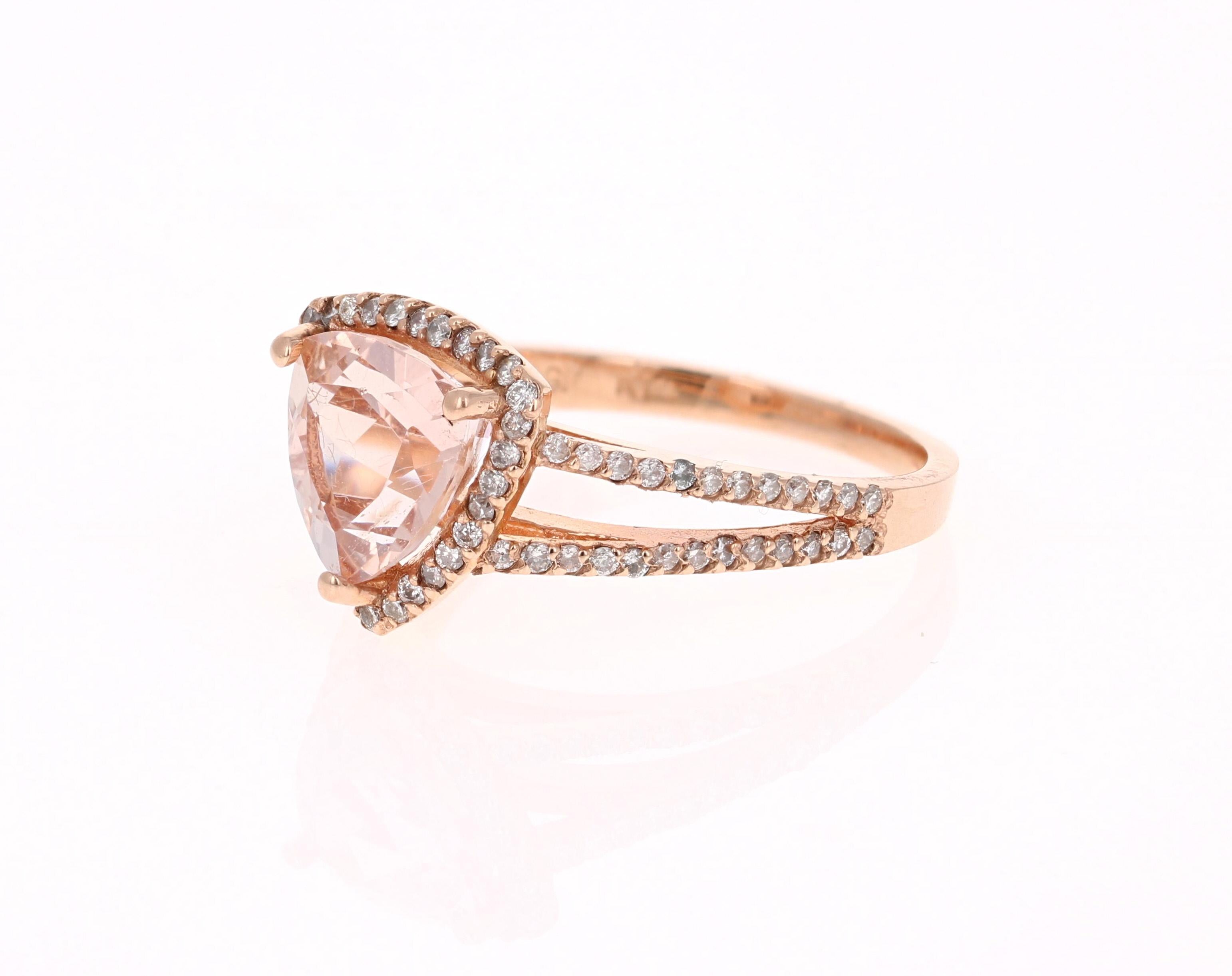 Contemporary 2.59 Carat Morganite Diamond 14 Karat Rose Gold Cocktail Ring For Sale