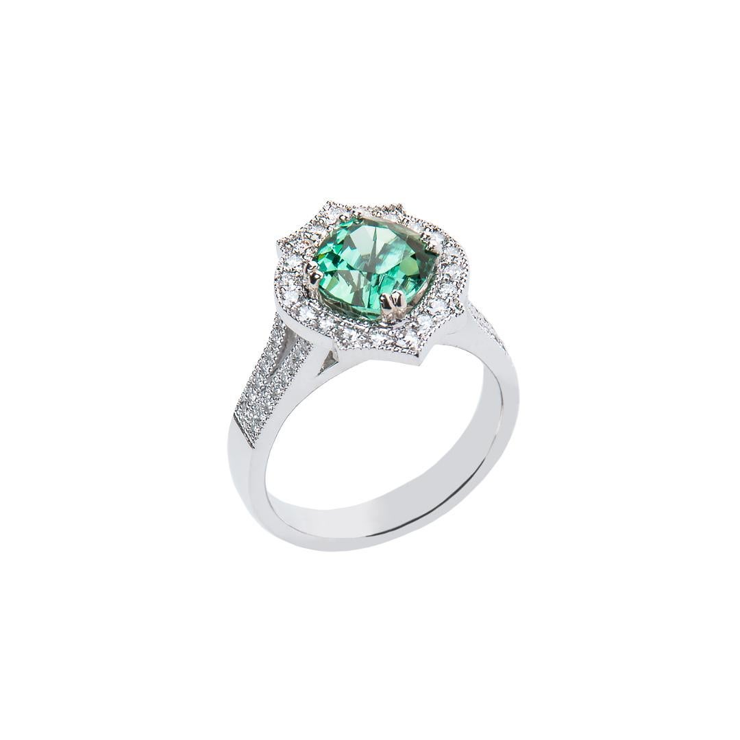 2.59 Carat Namibian Intense Green Tourmaline Cushion Diamond Ring Natalie Barney In New Condition For Sale In Crows Nest, NSW