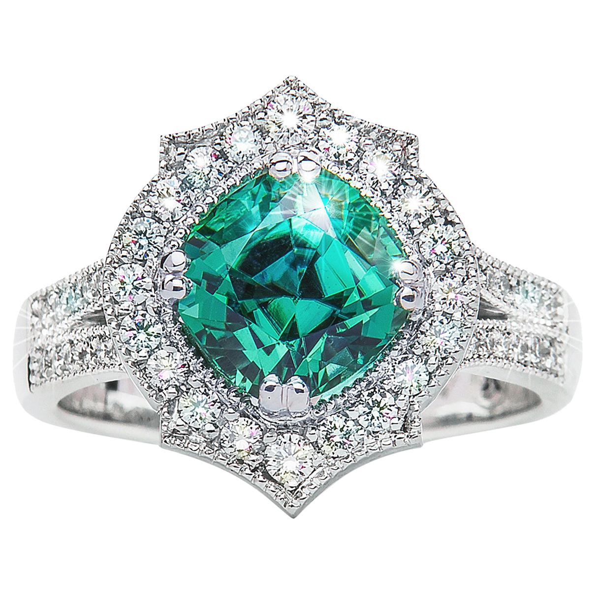 2.59 Carat Namibian Intense Green Tourmaline Cushion Diamond Ring Natalie Barney For Sale