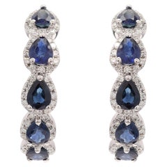 2.59 Carat Pear Cut Blue Sapphire and Diamond Hoop Earrings in 14K White Gold