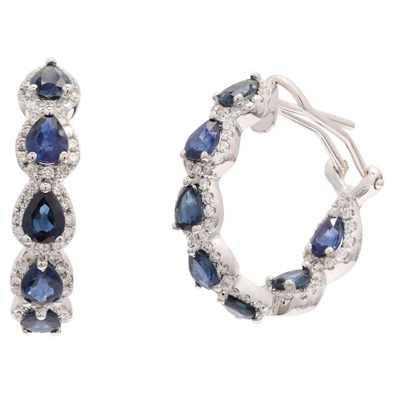 Modern 2.59 Carat Pear Cut Blue Sapphire and Diamond Hoop Earrings in 14K White Gold For Sale