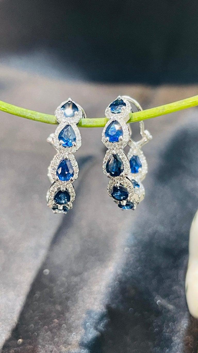2.59 Carat Pear Cut Blue Sapphire and Diamond Hoop Earrings in 14K White Gold In New Condition For Sale In New York, NY