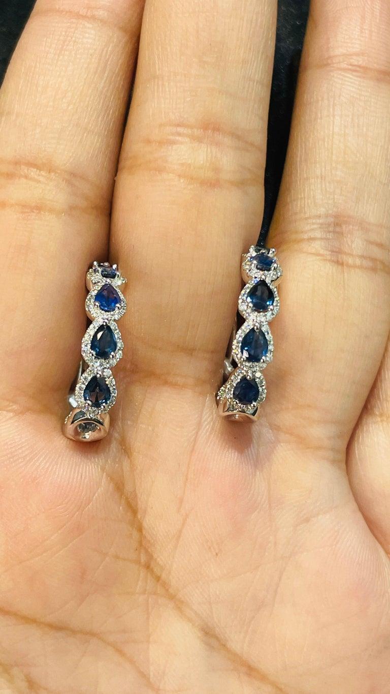 Women's 2.59 Carat Pear Cut Blue Sapphire and Diamond Hoop Earrings in 14K White Gold For Sale