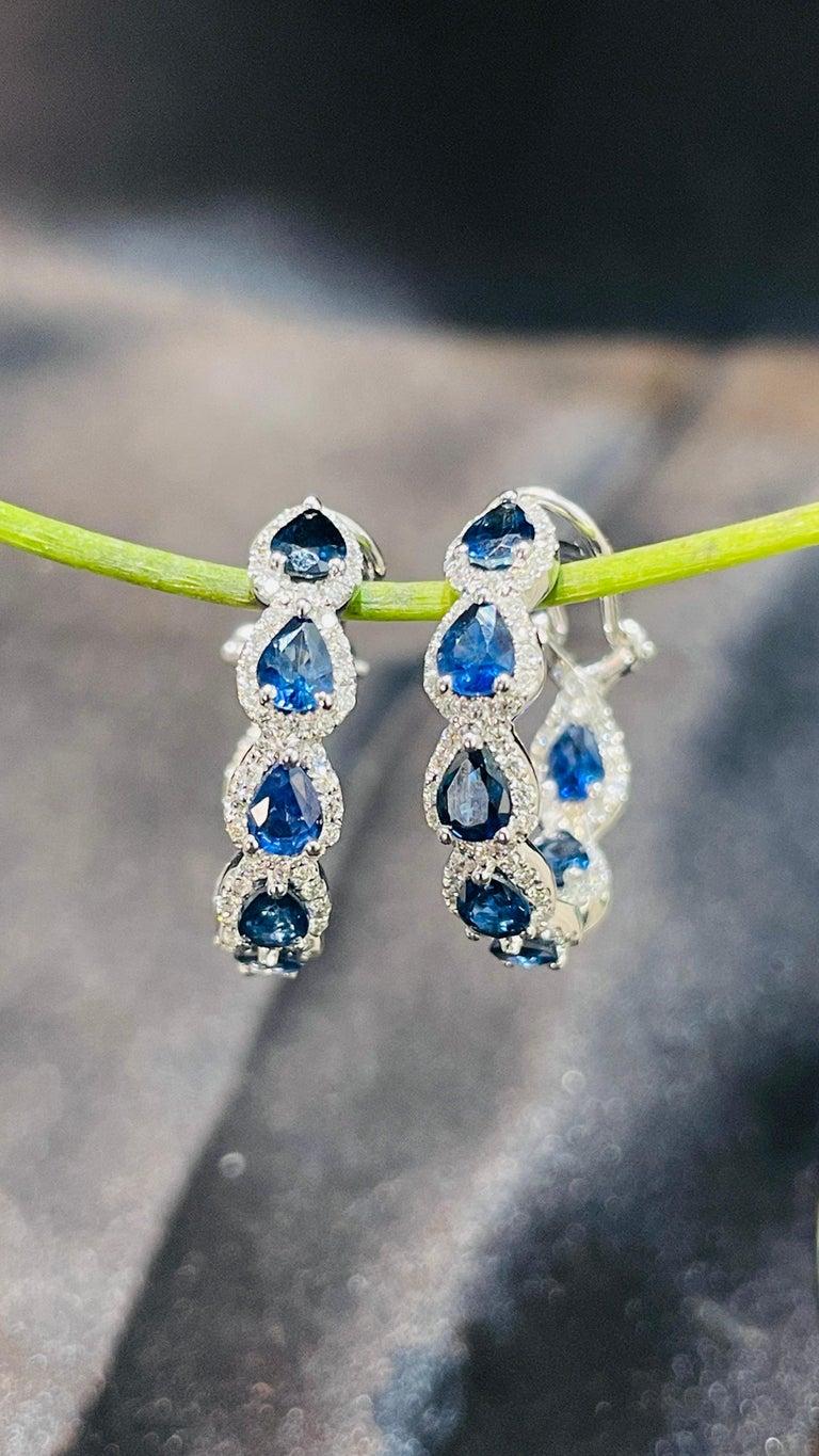 2.59 Carat Pear Cut Blue Sapphire and Diamond Hoop Earrings in 14K White Gold For Sale 1