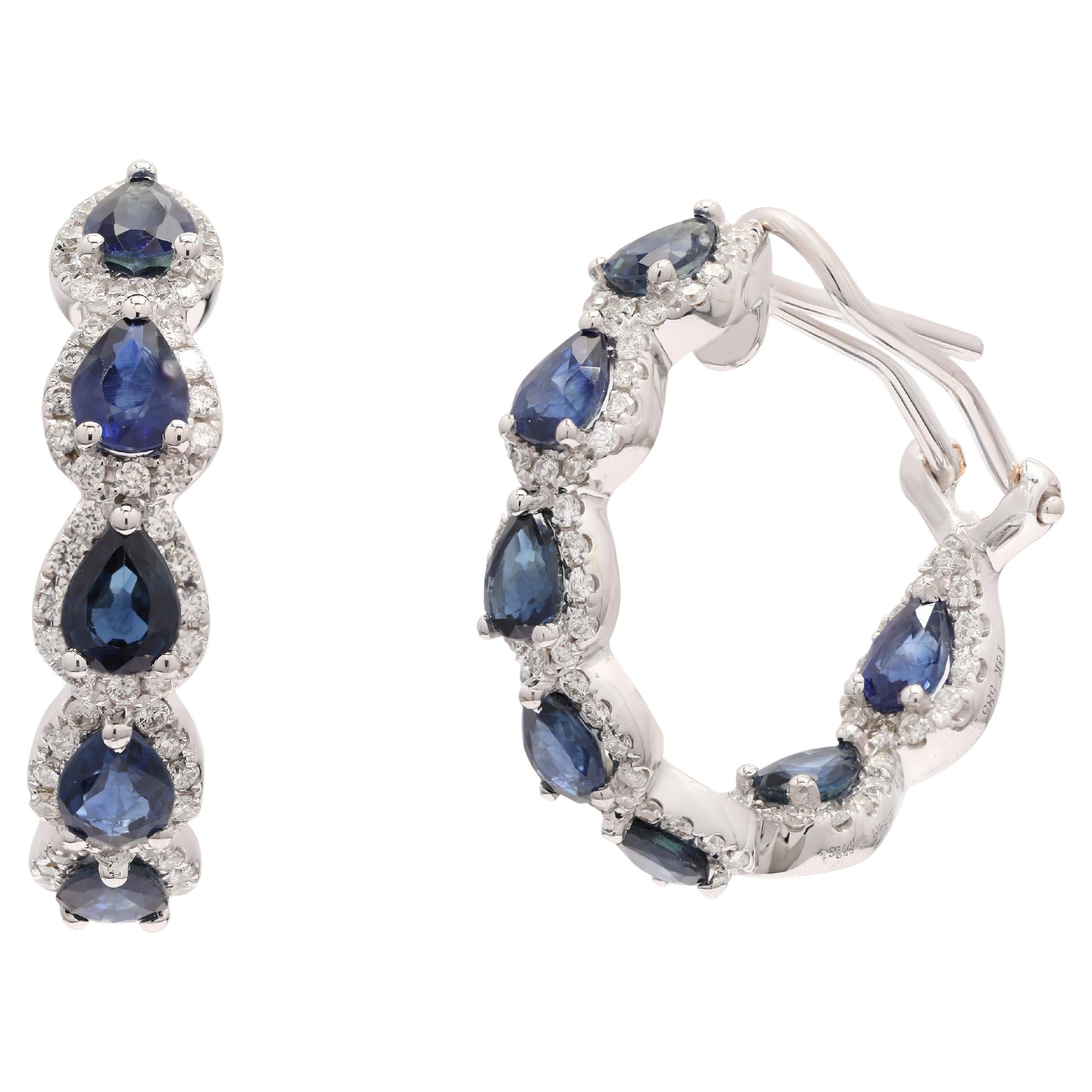 2.59 Carat Pear Cut Blue Sapphire and Diamond Hoop Earrings in 14K White Gold 