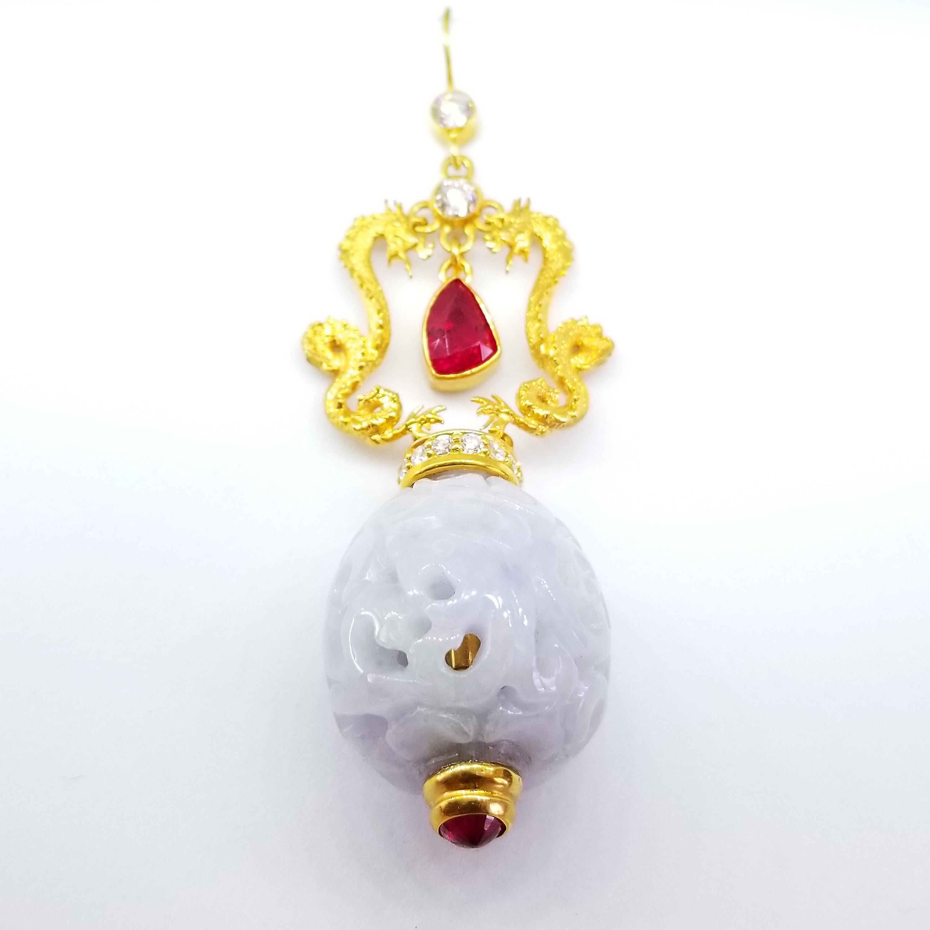 Year of the Dragon Red Ruby Diamond Natural Lavender Jade Drop Earrings For Sale 10