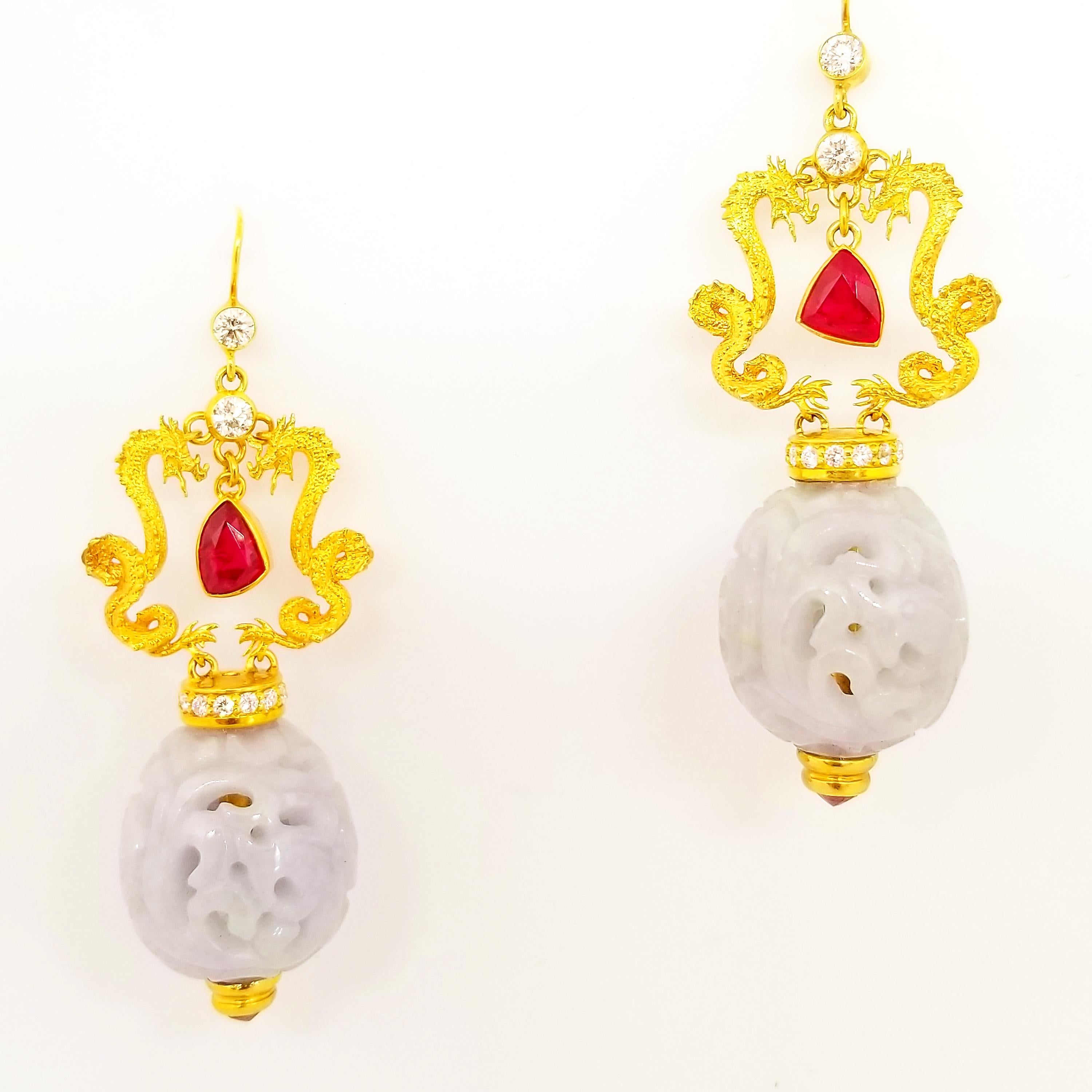 Artisan Year of the Dragon Red Ruby Diamond Natural Lavender Jade Drop Earrings For Sale