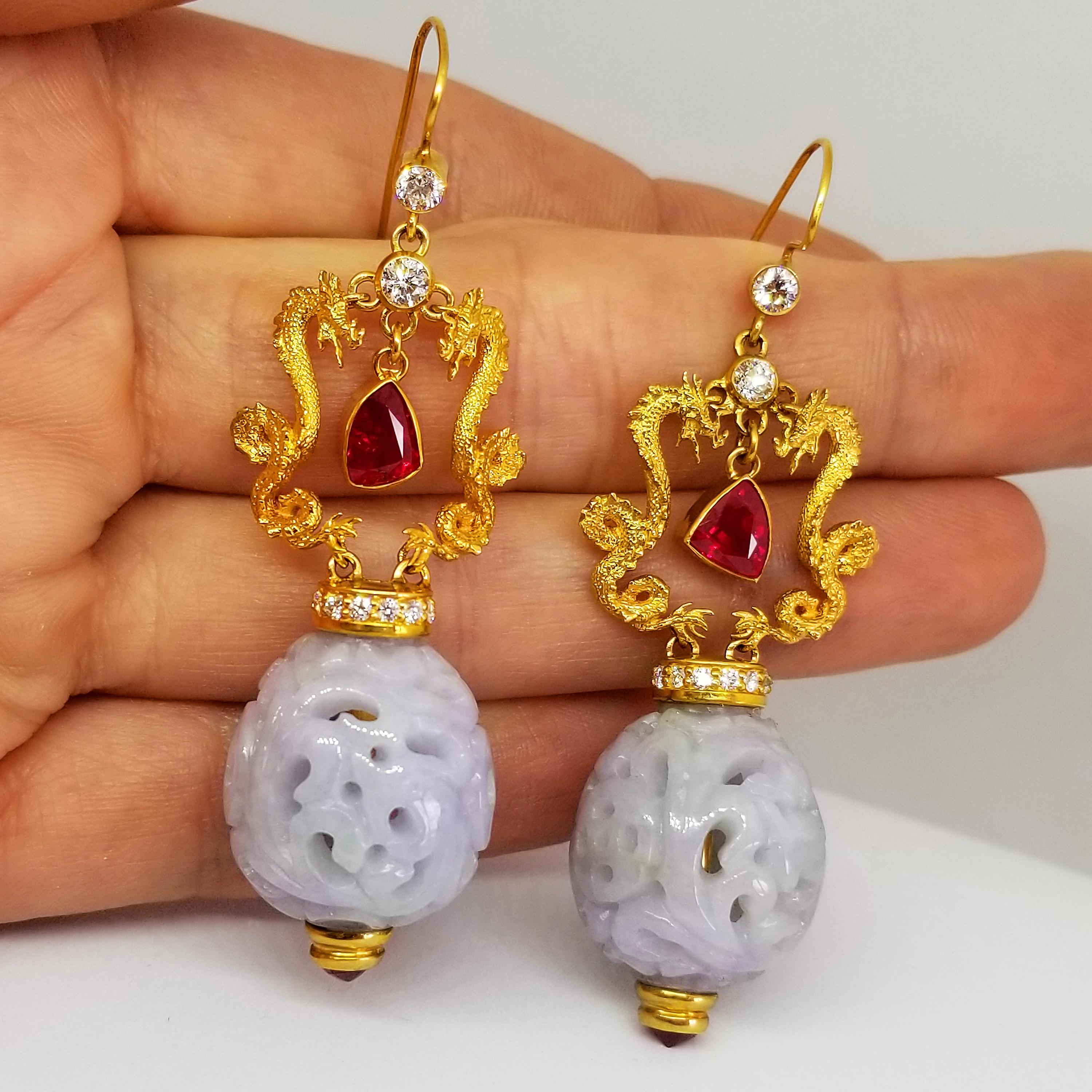 Pendientes Colgantes de Jade Lavanda Natural con Diamante y Rubí Rojo del Año del Dragón en venta 4