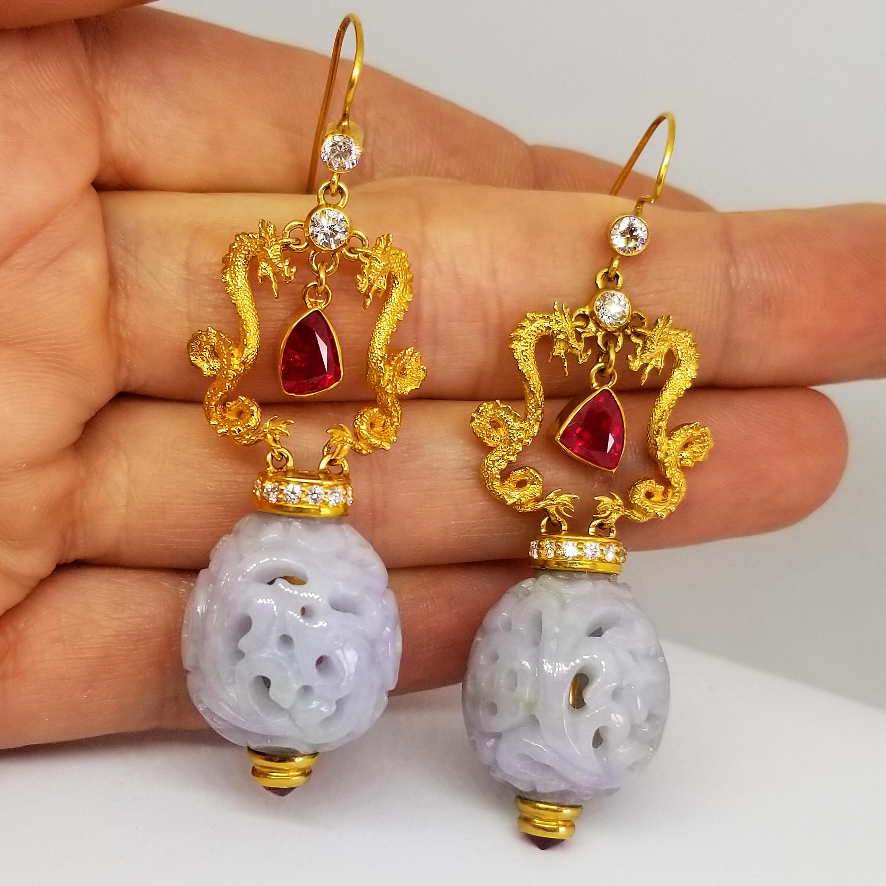 Year of the Dragon Red Ruby Diamond Natural Lavender Jade Drop Earrings For Sale 3