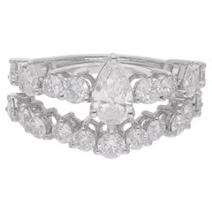 2.59 Ct. Poire et diamants ronds Deux anneaux de mariage en or blanc 14 carats Bijoux