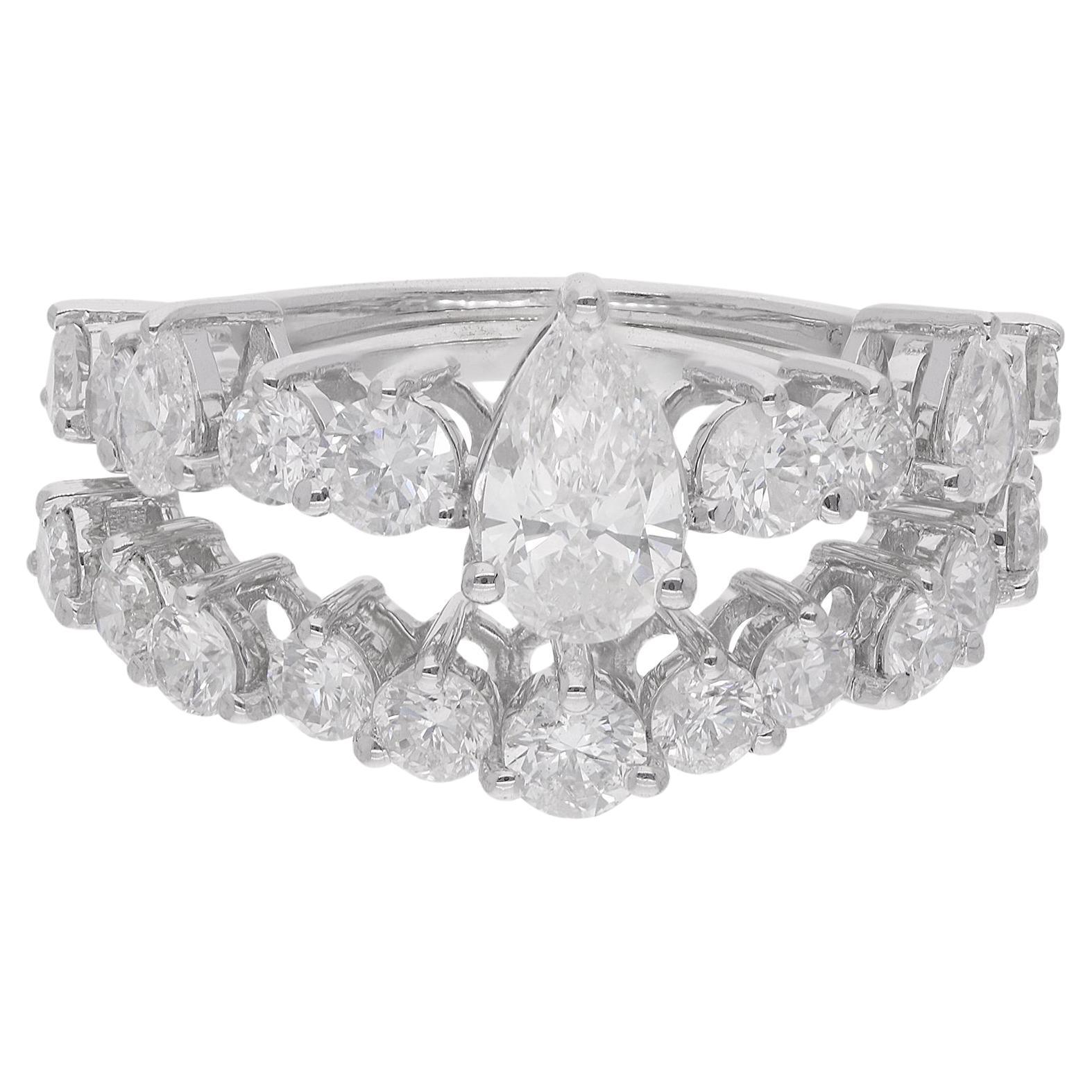 2.59 Ct. Pear & Round Diamond Wedding Two Rings Set 18 Karat White Gold Jewelry For Sale