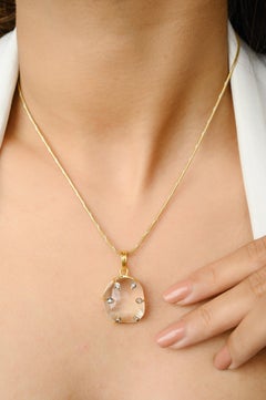 25.92 Carat Huge Uneven Cut Crystal and Diamond Pendant in 14k Solid Yellow Gold
