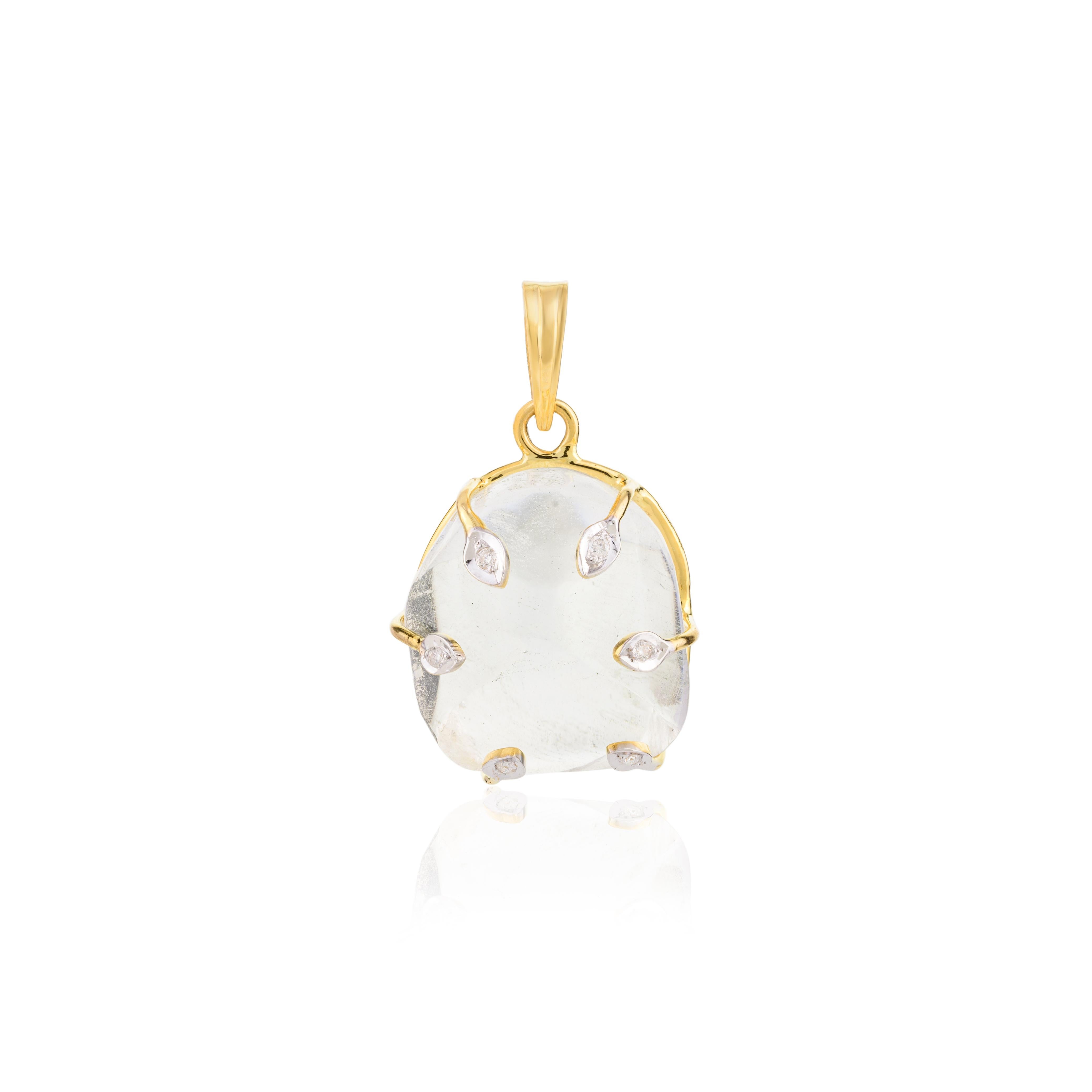 Modern 25.92 Carat Huge Uneven Cut Crystal and Diamond Pendant in 14k Solid Yellow Gold For Sale
