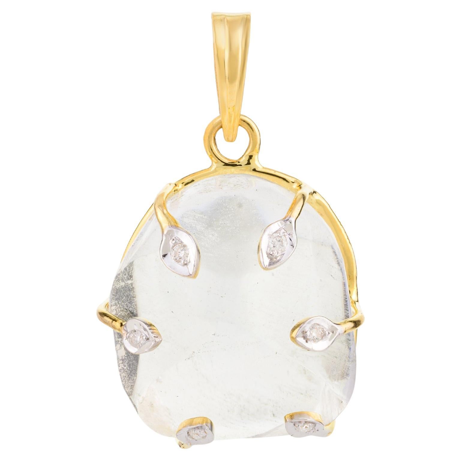 25.92 Carat Huge Uneven Cut Crystal and Diamond Pendant in 14k Solid Yellow Gold For Sale