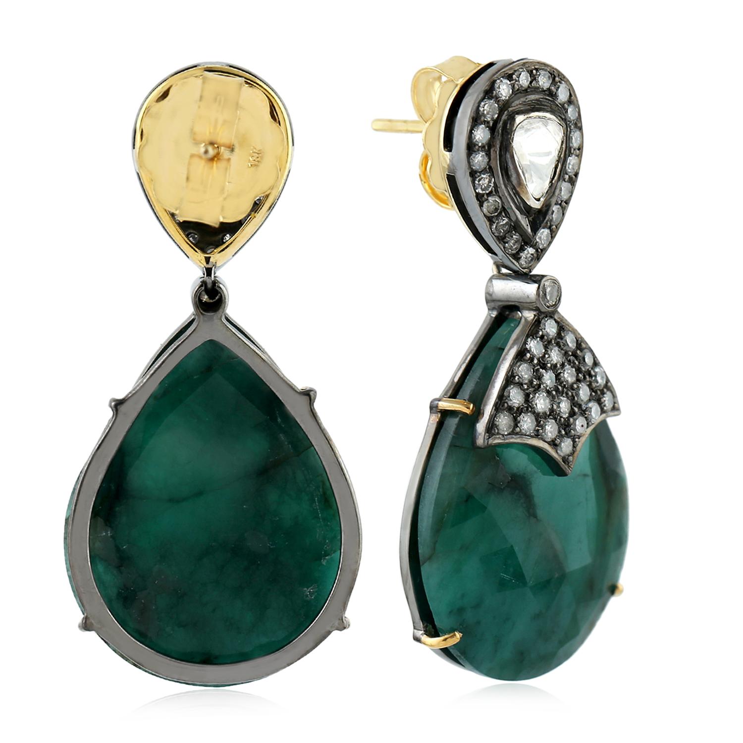 Artisan 25.95 Carat Emerald Diamond Earrings For Sale