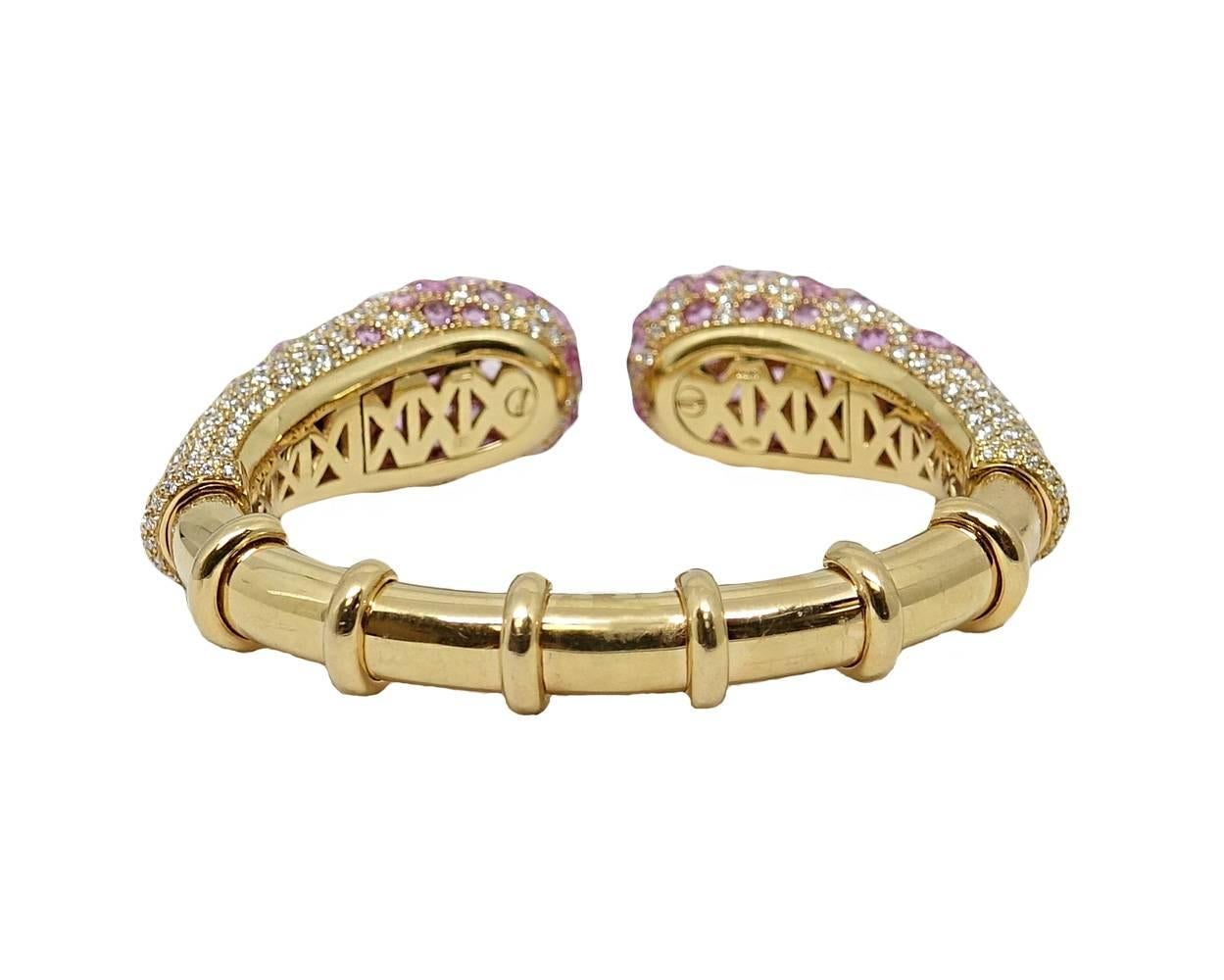 Round Cut 25.98 Carat Pink Sapphire and Diamond Yellow Gold Bangle For Sale