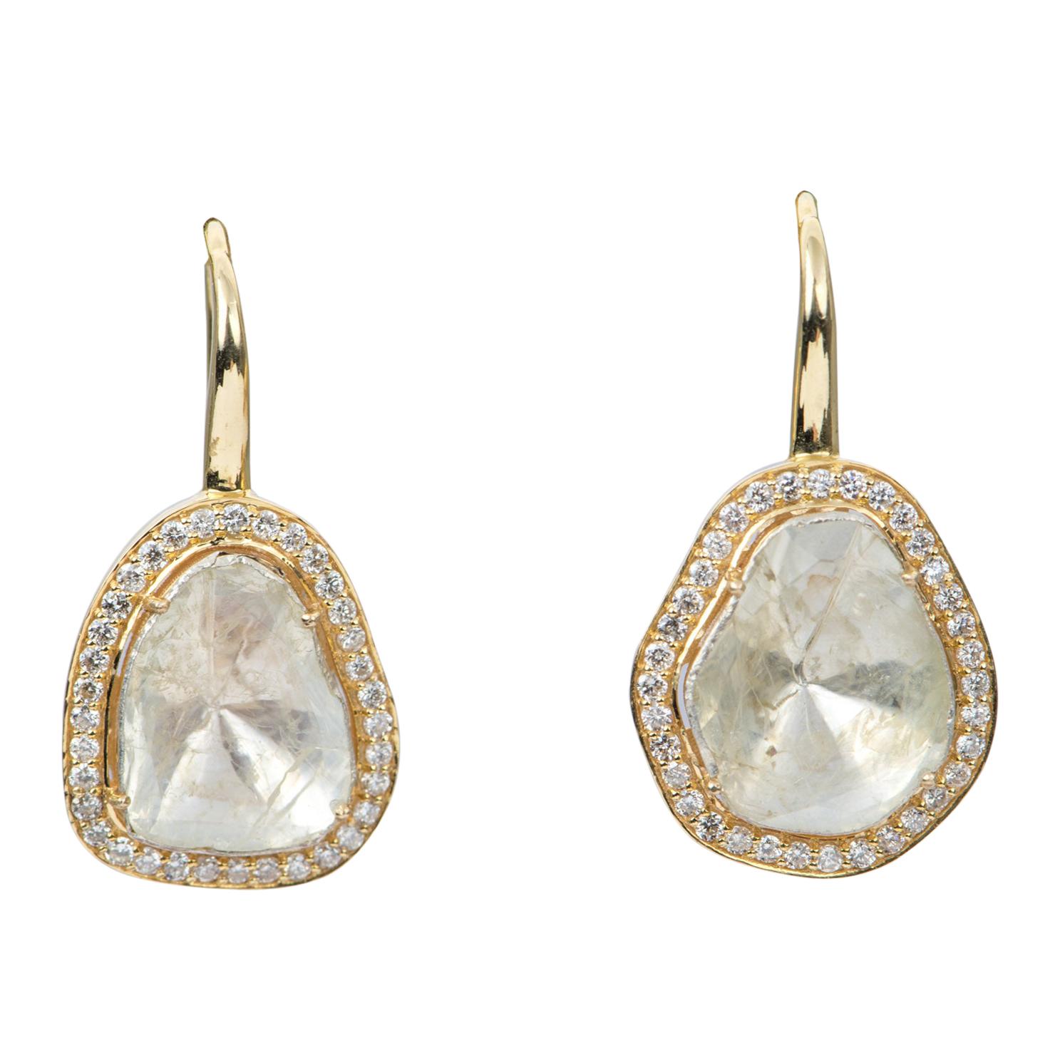 2.59ct Diamond Slice Foil Back 14K Yellow Gold Diamond Halo Earrings OOAK AD2338 For Sale