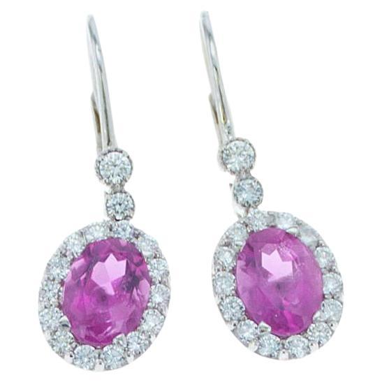 2.59 Carat TW Pink Tourmaline Earrings with Diamond Borders For Sale