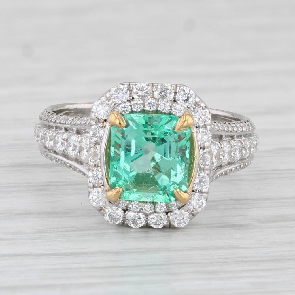 2.59ctw Emerald Diamond Halo Engagement Ring 18k White Gold Size 6 GIA In Good Condition For Sale In McLeansville, NC