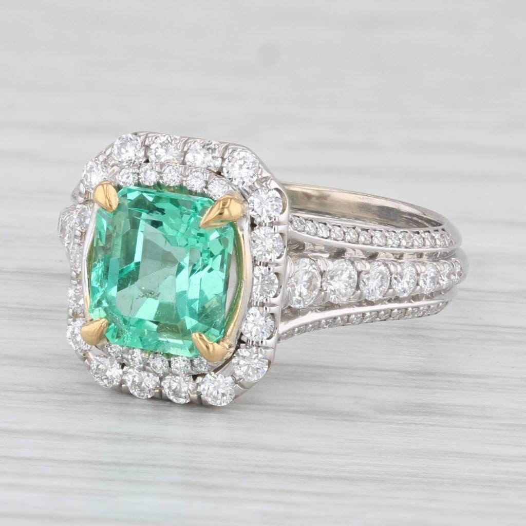 2.59ctw Emerald Diamond Halo Engagement Ring 18k White Gold Size 6 GIA For Sale 1