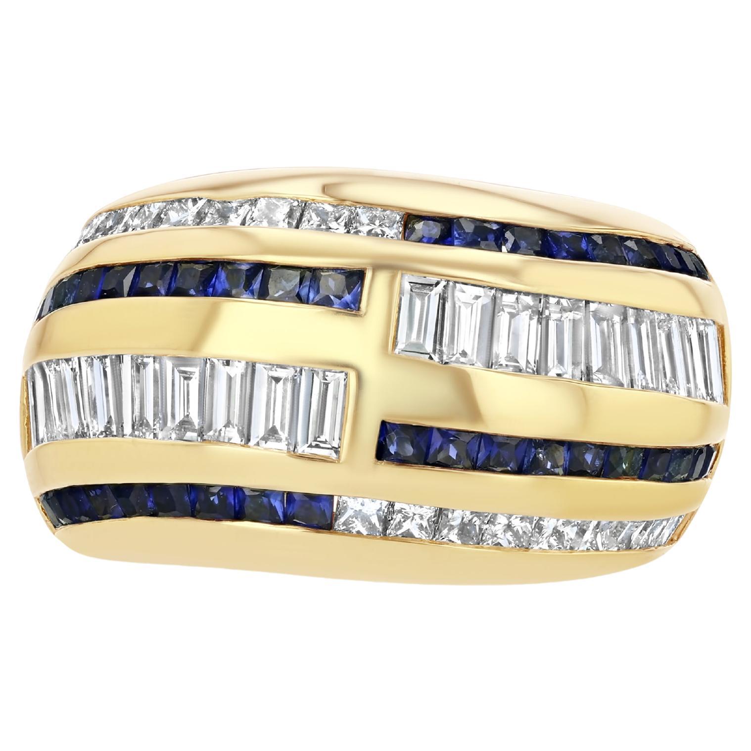 Anello cocktail con diamanti e zaffiri taglio baguette e princess da 2,5 carati in oro 18 carati