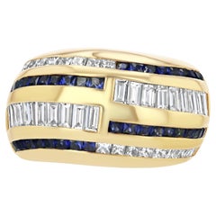 Bague de cocktail en or 18k, diamants baguette et princesse de 2,5ct et saphir
