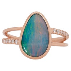2.5ct Boulder Opal Ring with Natural Diamond Accents: Solid 14k Gold, 13.4x3.6mm
