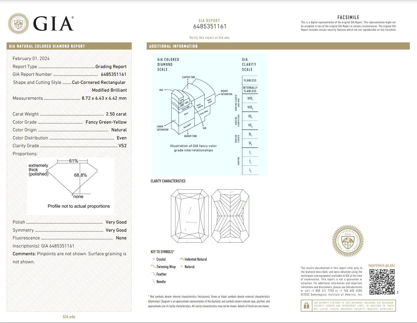 GIA 2,5ct Fancy Grün Gelb  Länglicher Diamant im Radiant-Schliff  Ring – seltene Farben 1