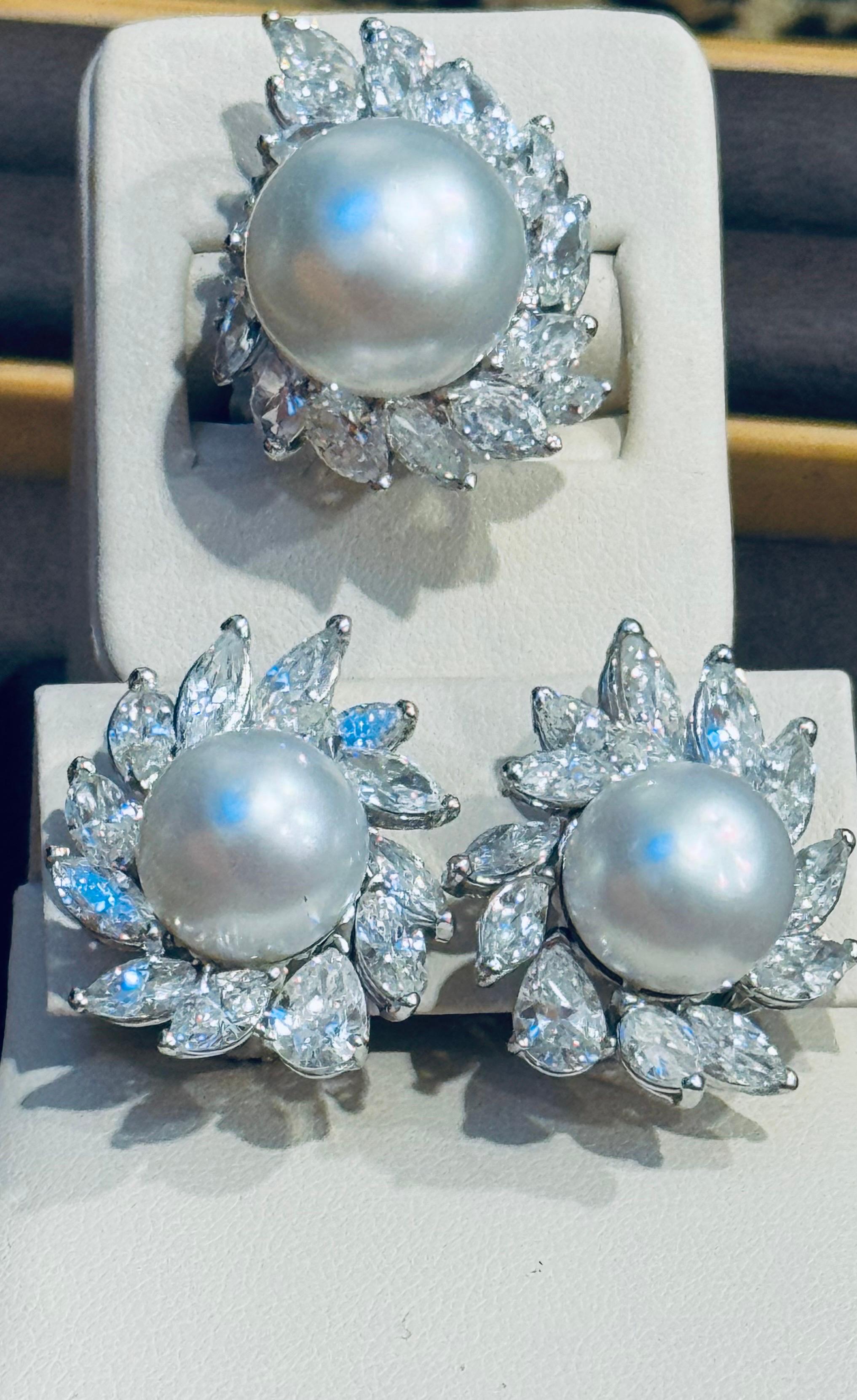 25Ct Marquise & Pear Diamond & South sea Pearl Stud Earring, Ring Platinum 1960' 5