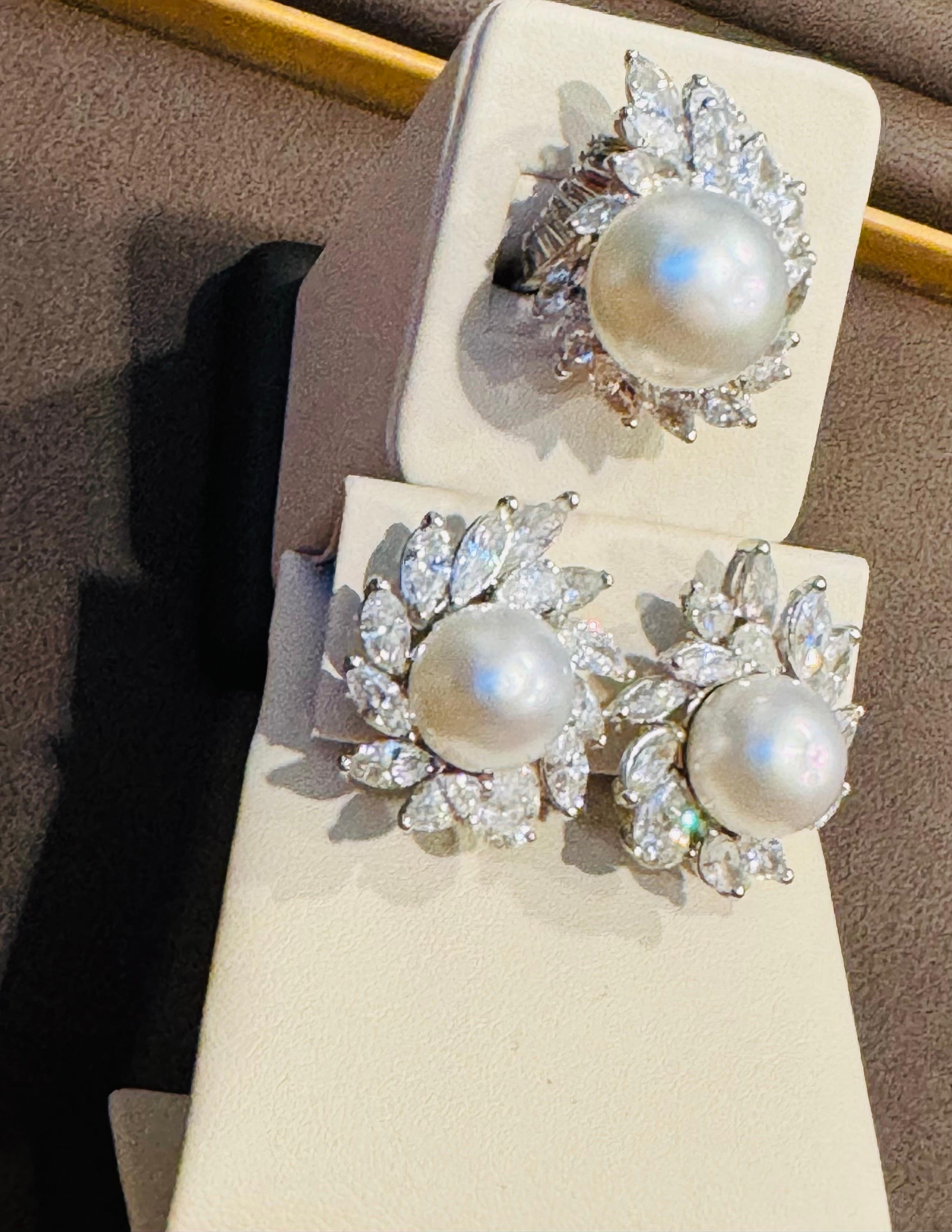 25Ct Marquise & Pear Diamond & South sea Pearl Stud Earring, Ring Platinum 1960' 6