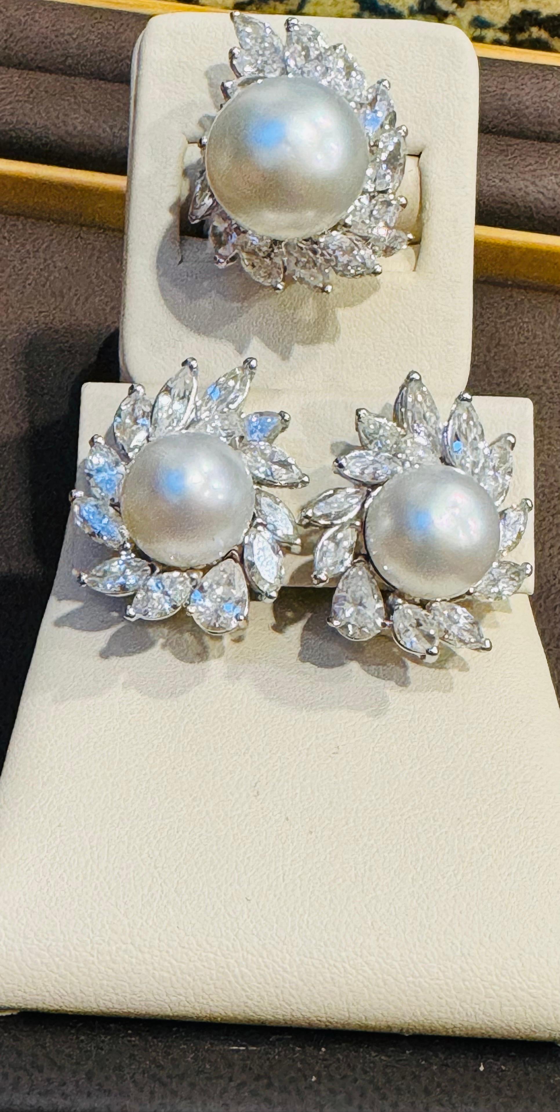 25Ct Marquise & Pear Diamond & South sea Pearl Stud Earring, Ring Platinum 1960' 7