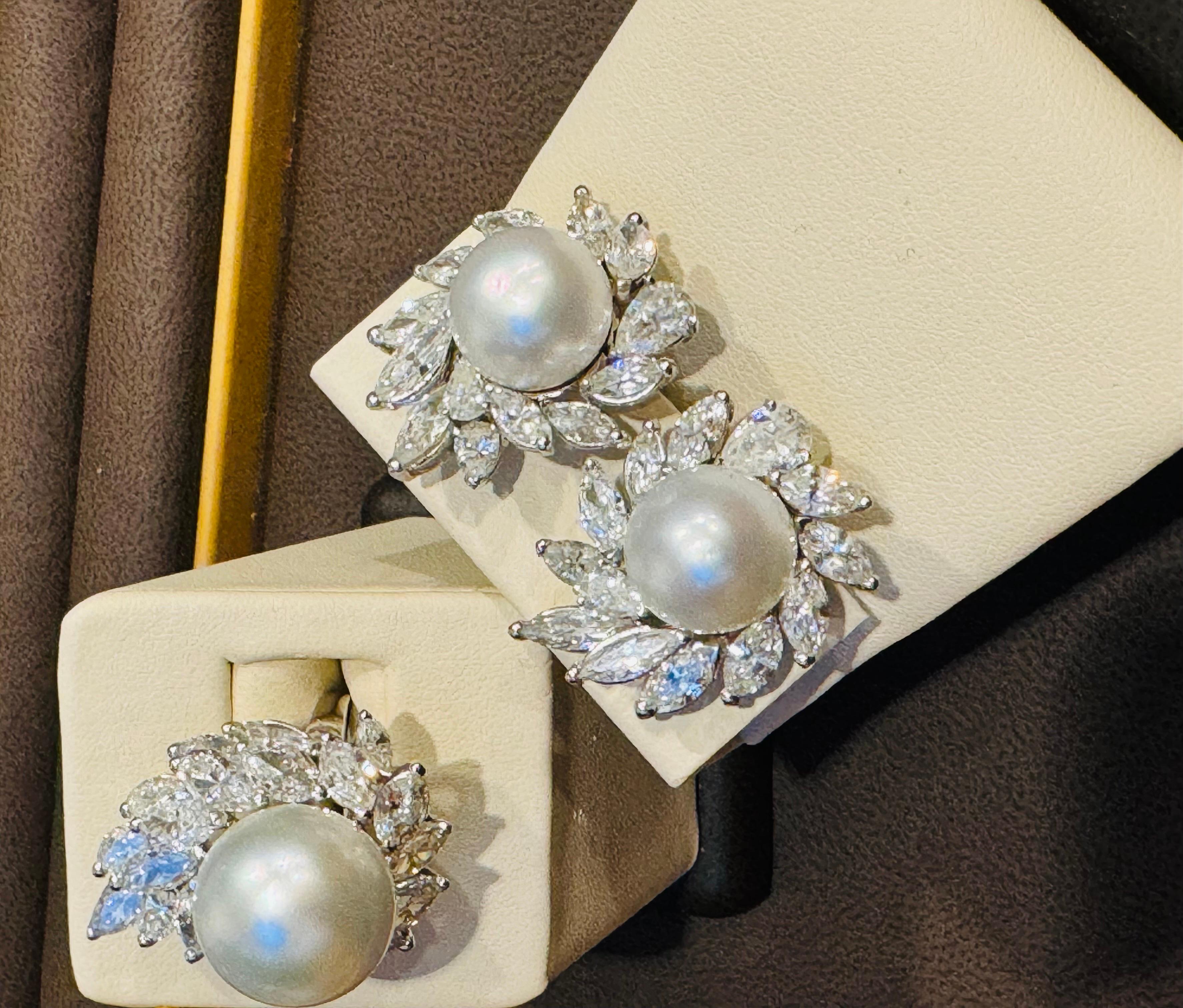 25Ct Marquise & Pear Diamond & South sea Pearl Stud Earring, Ring Platinum 1960' 8