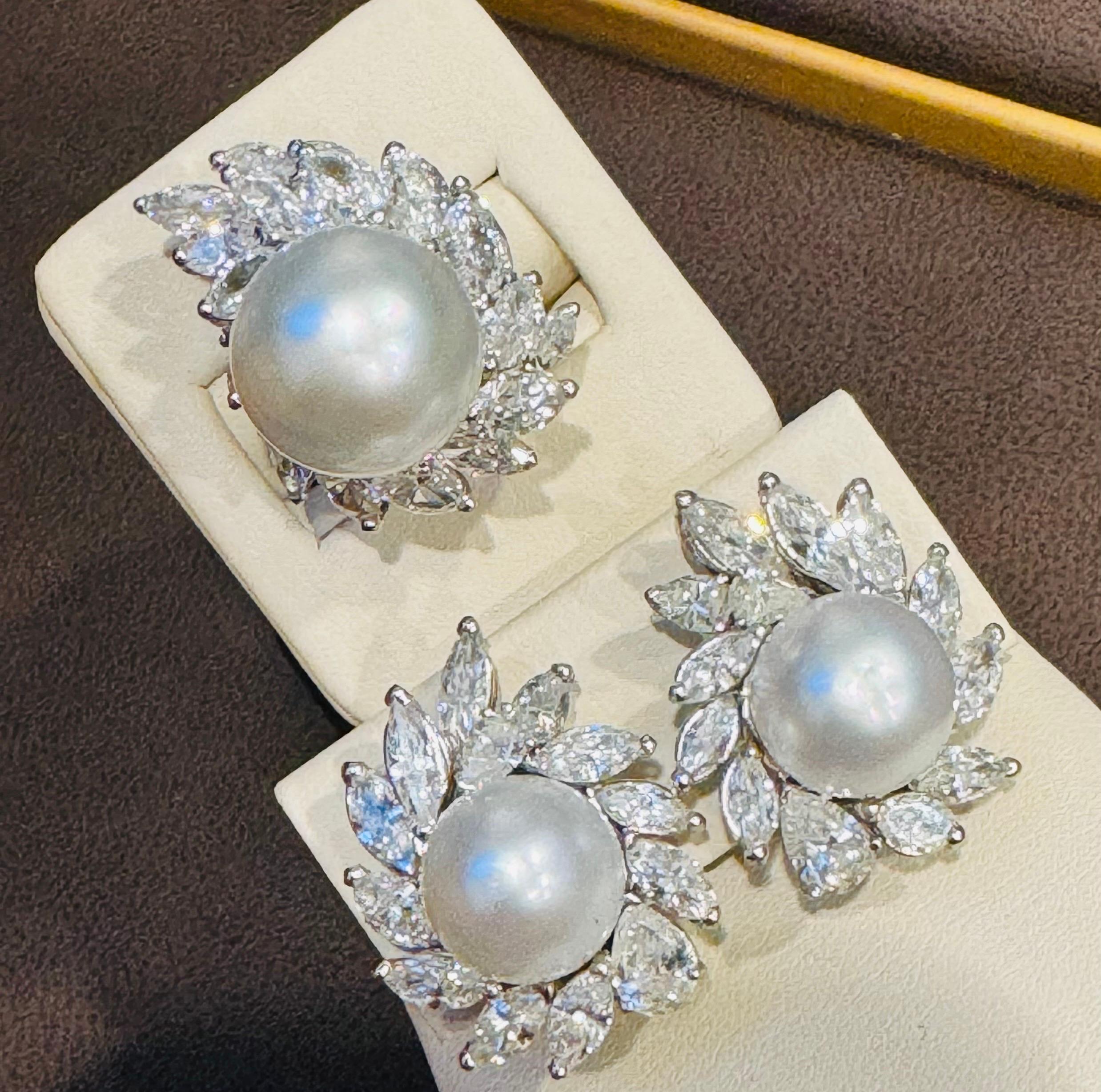 25Ct Marquise & Pear Diamond & South sea Pearl Stud Earring, Ring Platinum 1960' 9