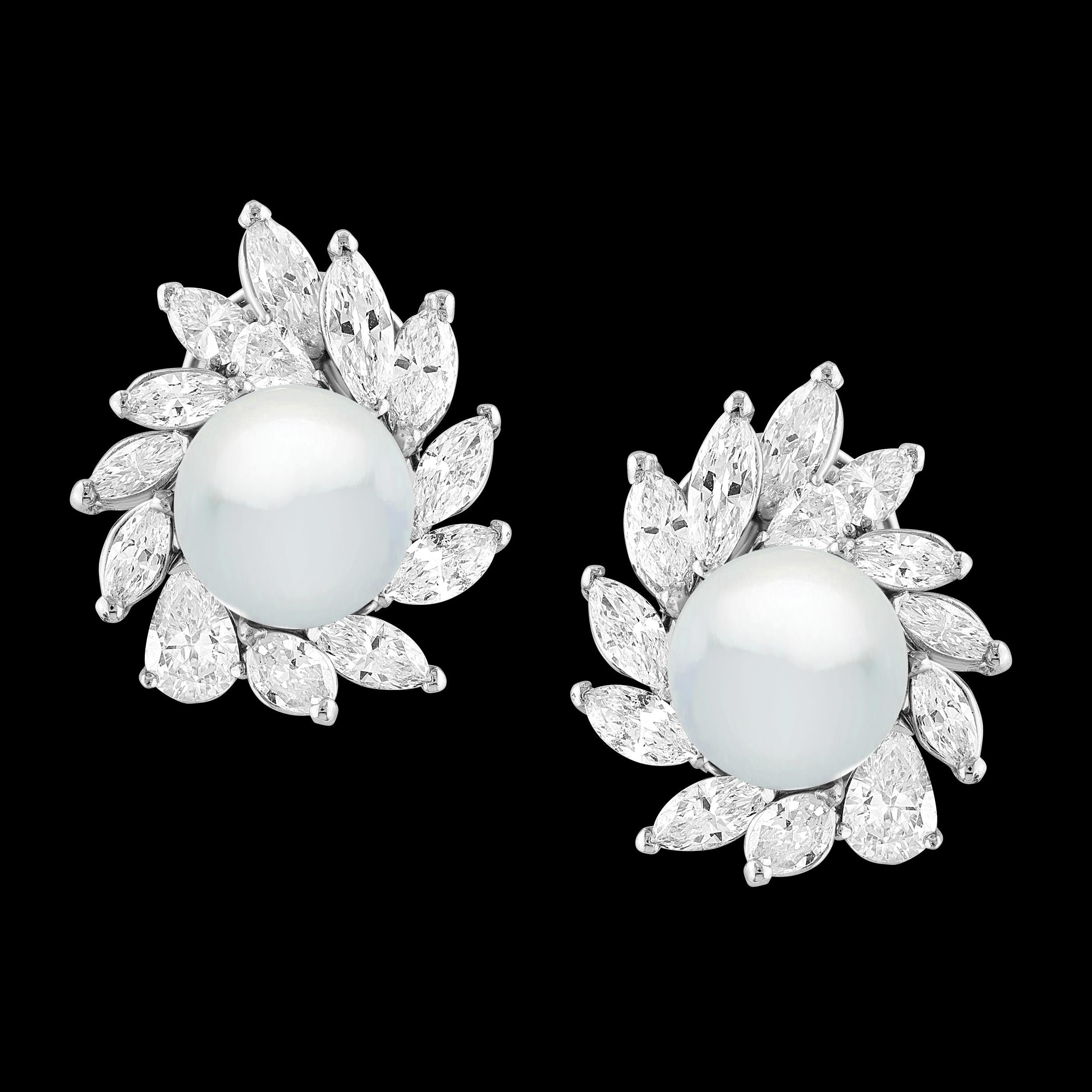 25Ct Marquise & Pear Diamond & South sea Pearl Stud Earring, Ring Platinum 1960' 13