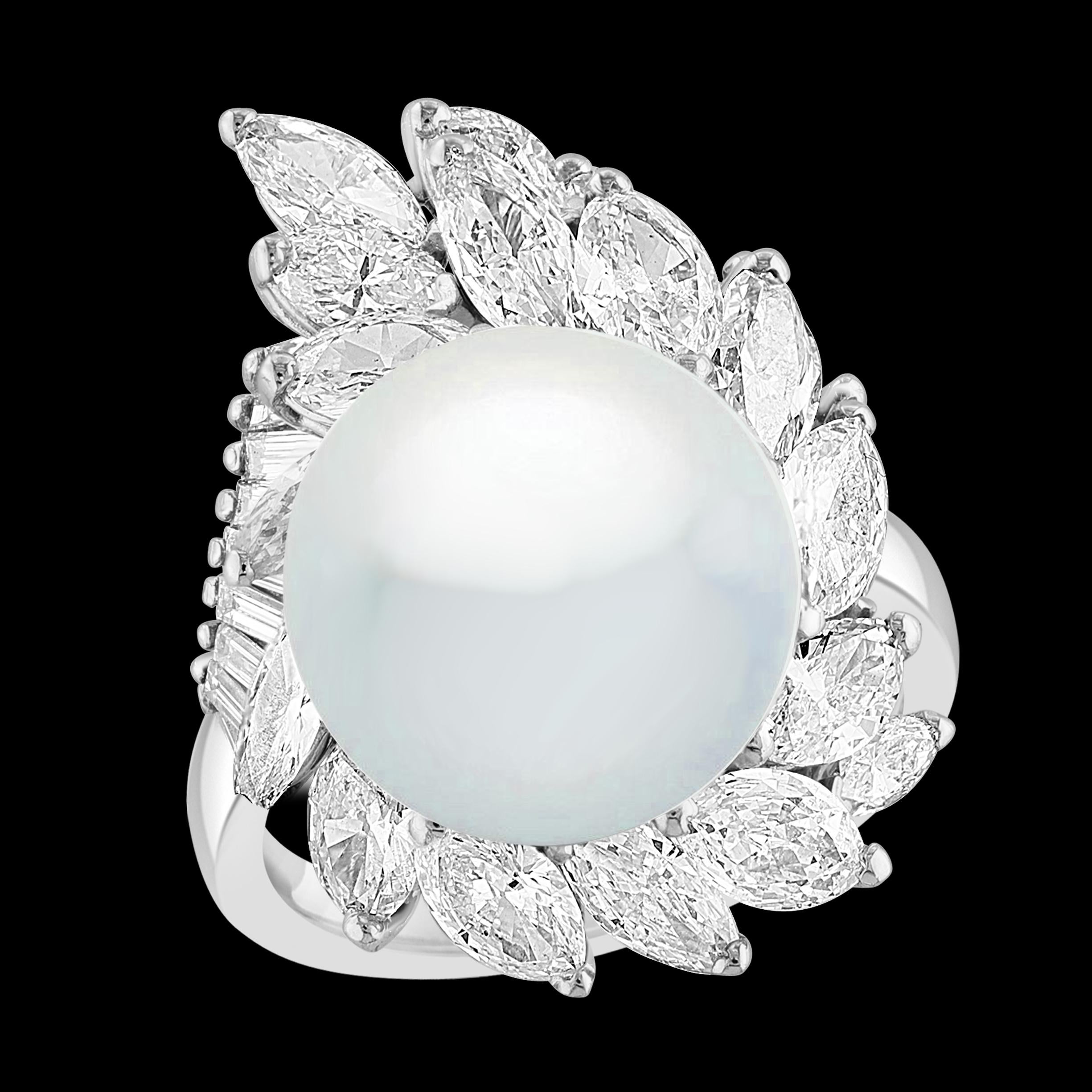 25Ct Marquise & Pear Diamond & South sea Pearl Stud Earring, Ring Platinum 1960' 14